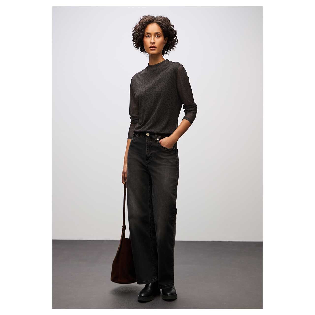 Damen Langarm Shirt Printed Mesh von Street One in Dunkelbraun mit Print, Ganzkörperansicht
