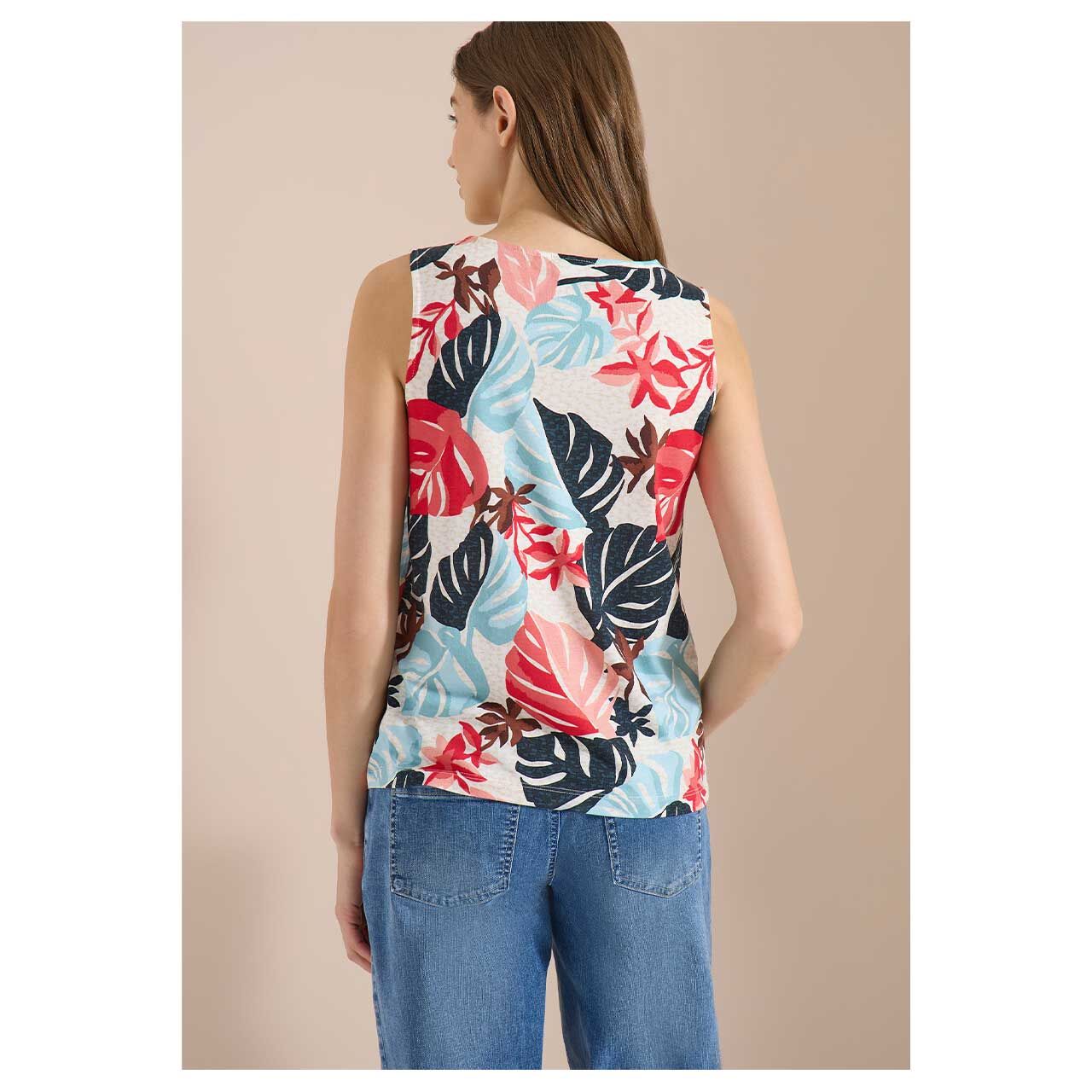 Damen Top Big Allover Print von Cecil in Hellbeige mit Print, Rückansicht am Model
