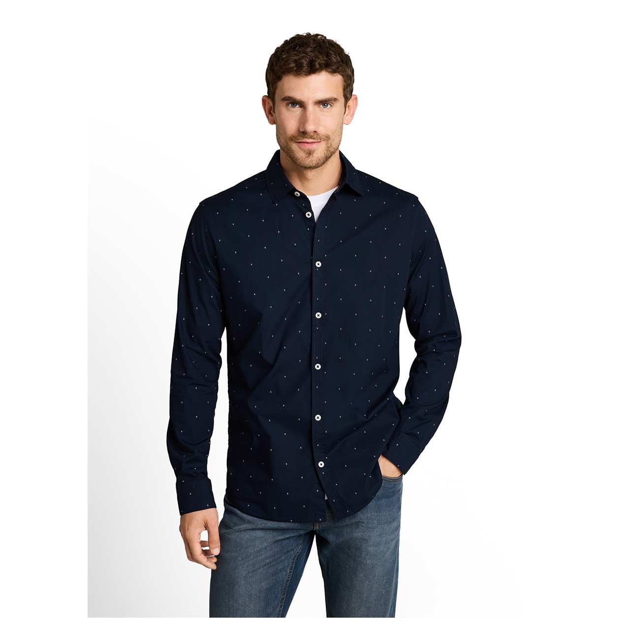 Herren Langarm Hemd von Tom Tailor in Dunkelblau mit Print, Vorderansicht Model