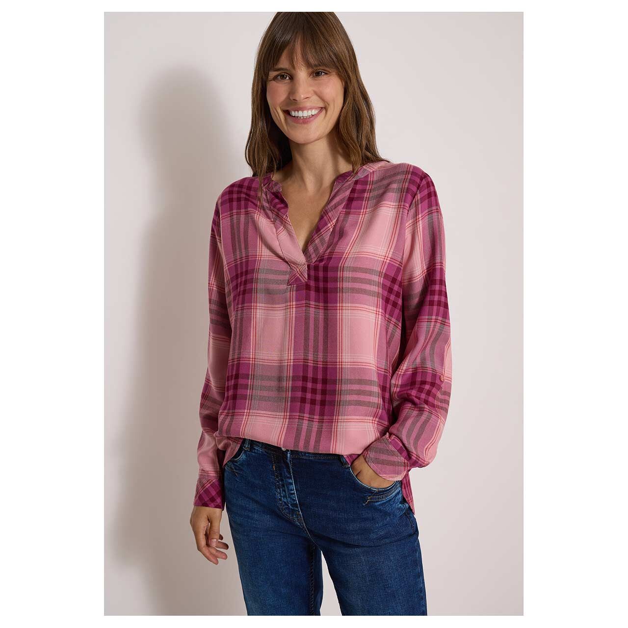 Damen Langarm Bluse Check von Cecil in Rosa kariert, Vorderansicht am Model