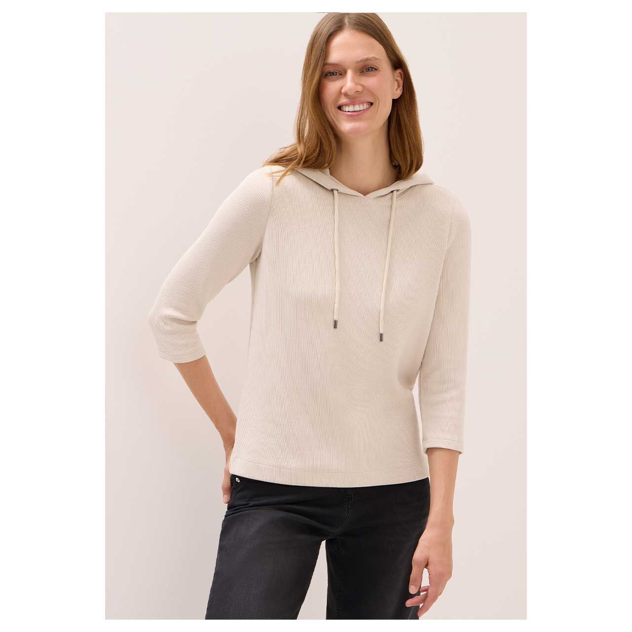 Damen 3/4 Arm Hoodie Sweatshirt Solid Rib von Cecil in Hellbeige, Vorderansicht am Model