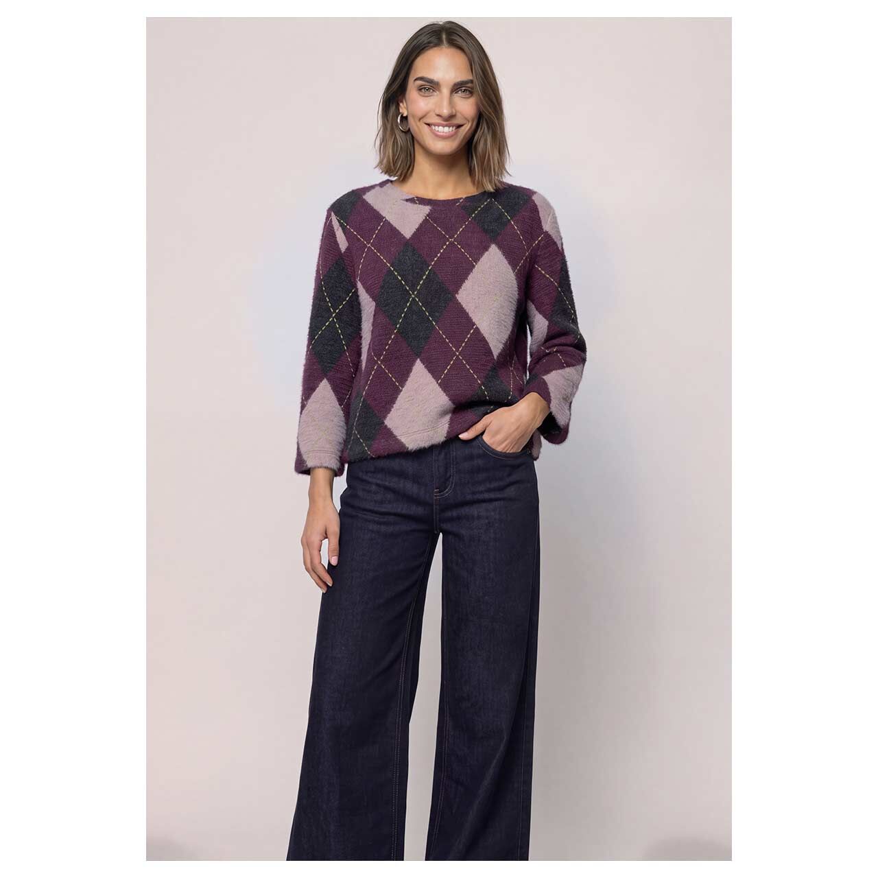 3/4 Arm Pullover Modern Fluffy Dessin von Street One in Lila mit Print, Vorderansicht am Model