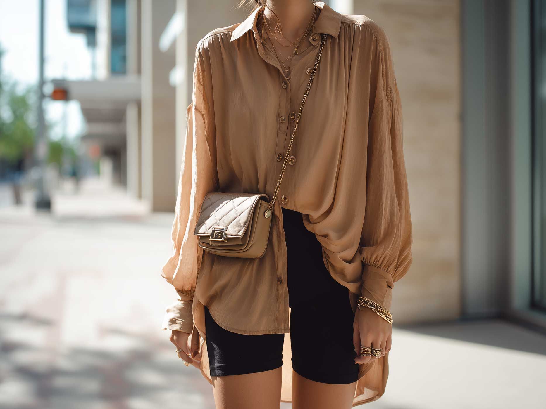 Eine Frau trägt eine schwarze Radlerhose, darüber eine Longbluse in einem bronzefarbenen Ton. Die Bluse ist vorne zum Teil in die Hose gesteckt, die Frau trägt noch goldenen Schmuck und eine gleichfarbige Handtasche.