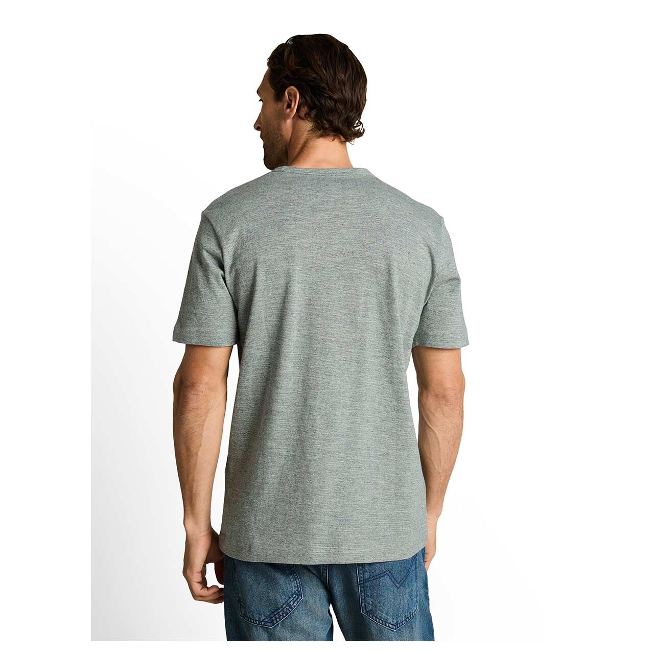Herren T-Shirt Fine Stripe von Tom Tailor in Grau meliert mit Print, Rückansicht mit Model