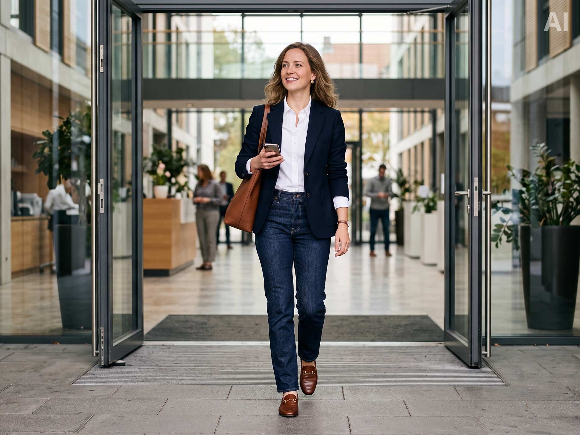 Die Frau tr&auml;gt eine dunkelblaue Straight Leg Jeans mit wei&szlig;er Bluse, dunkelblauem Blazer, braunen Loafern und einer gro&szlig;en Schultertasche.
