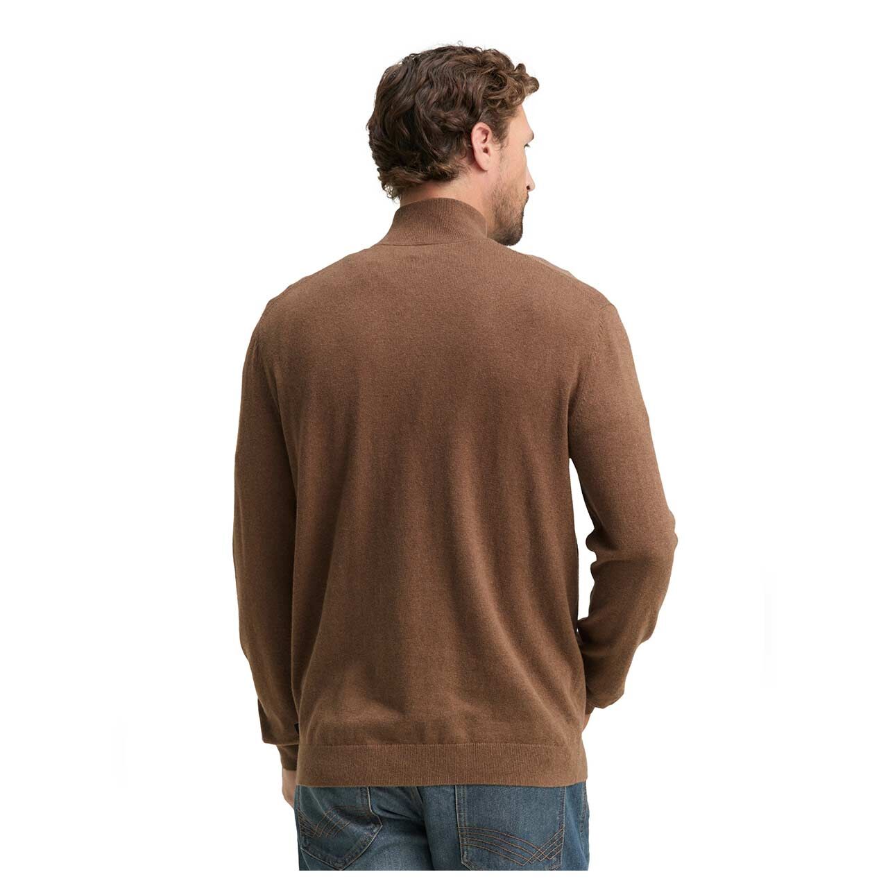 Herren Pullover Troyer Cashmere Knitted von Tom Tailor in Braun meliert, Rückansicht am Model