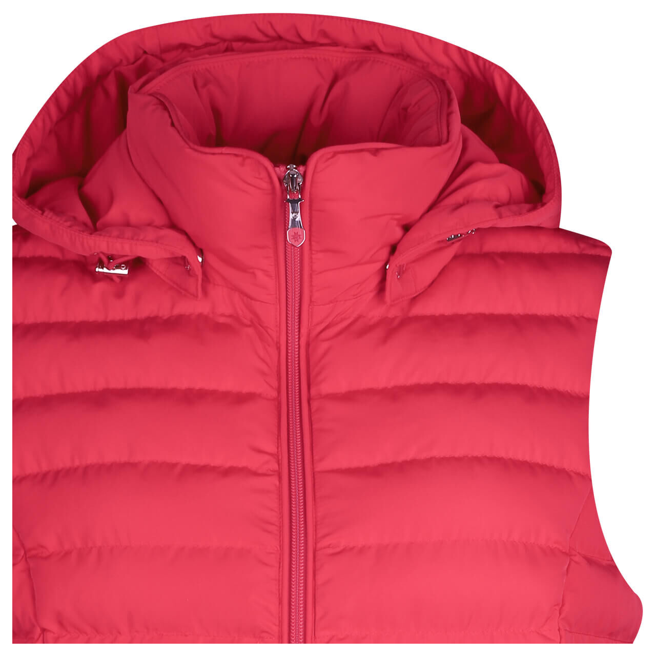 Damen Weste Italy Vest Hood von Wellensteyn in Korallenrot, detaillierte Vorderansicht