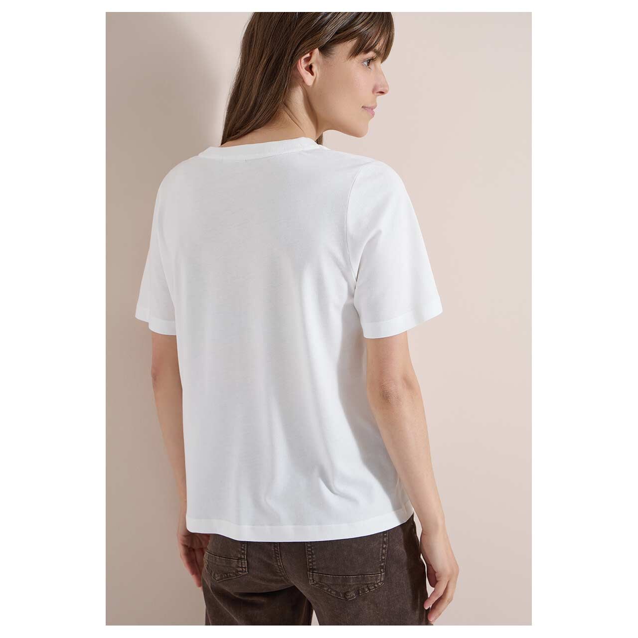 Damen T-Shirt Monstera Print von Cecil in Cremeweiß mit Print, Rückansicht am Model