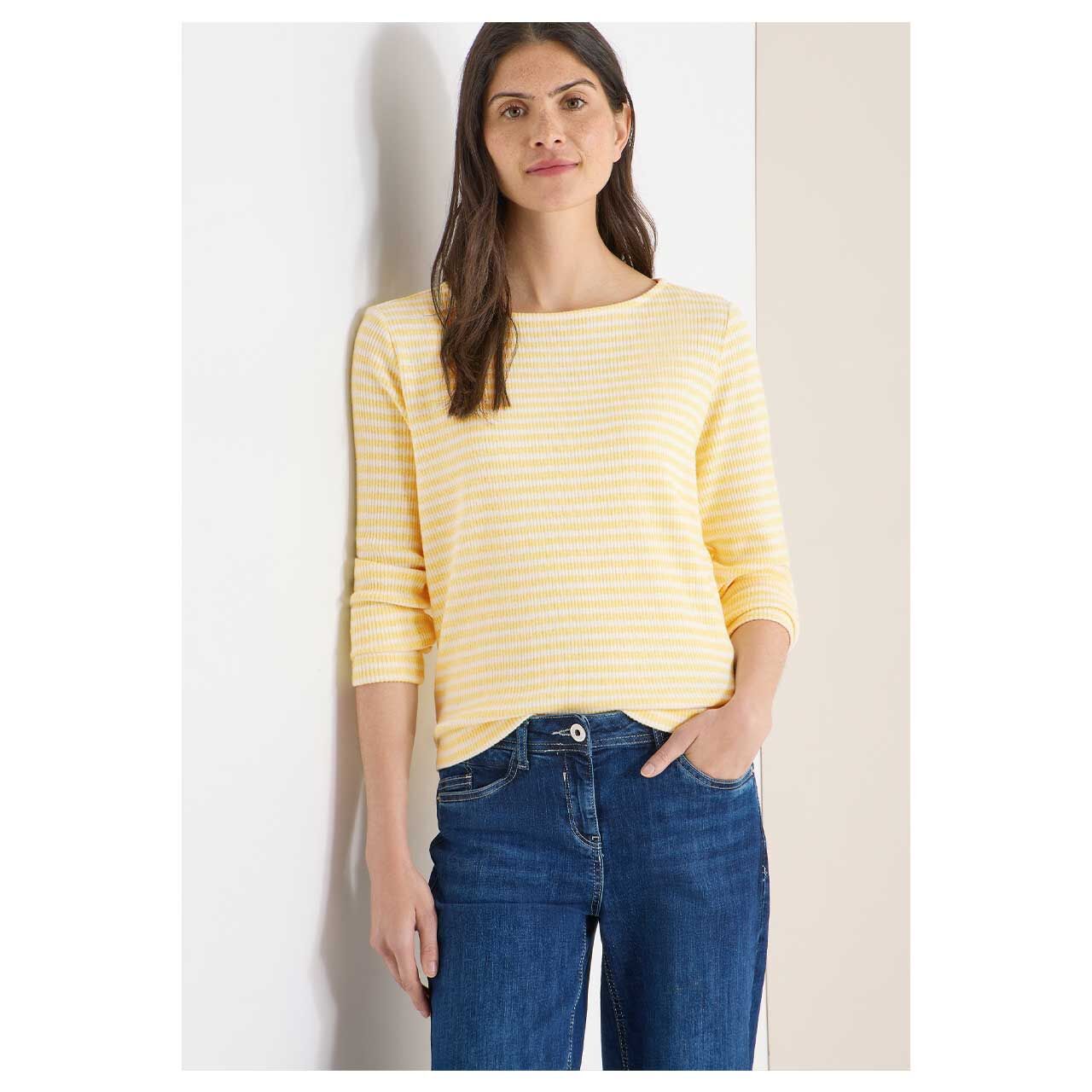 Damen Langarm Shirt Melange Stripe Boatneck von Cecil in Gelb gestreift, Vorderansicht am Model