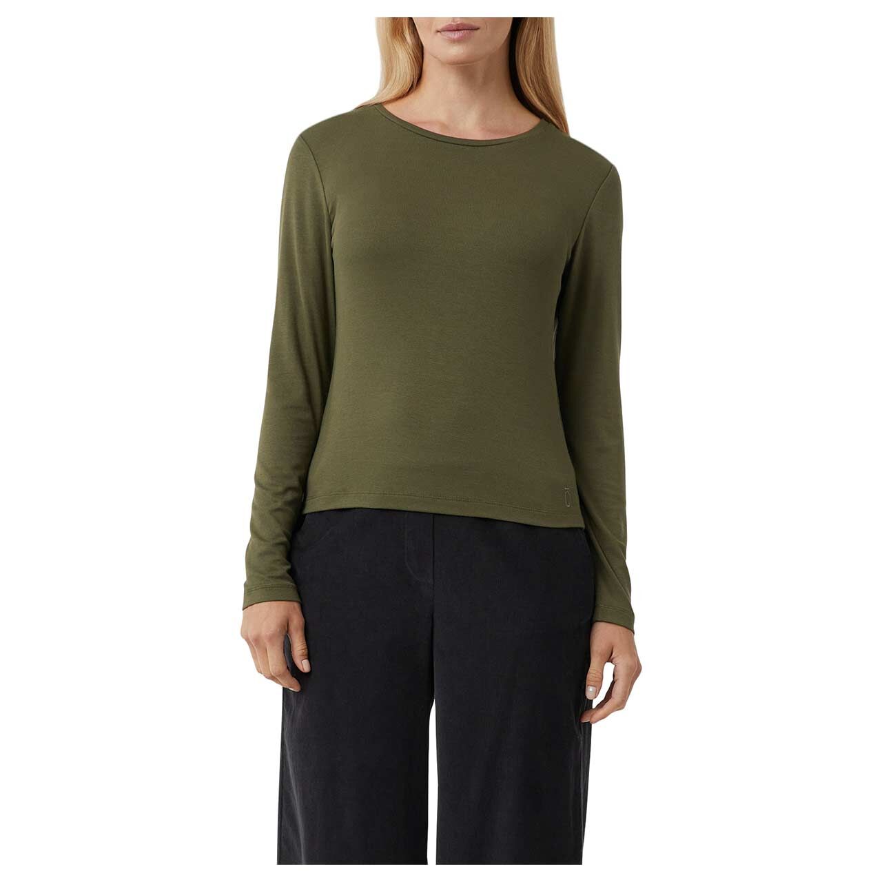 Damen Langarm Shirt von Comma in Olivgrün, detaillierte Vorderansicht am Model
