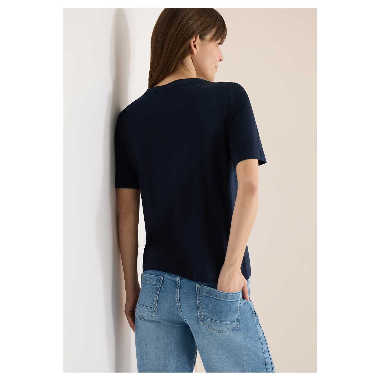 Damen T-Shirt Solid Slubyarn von Cecil in Dunkelblau meliert, Rückansicht am Model