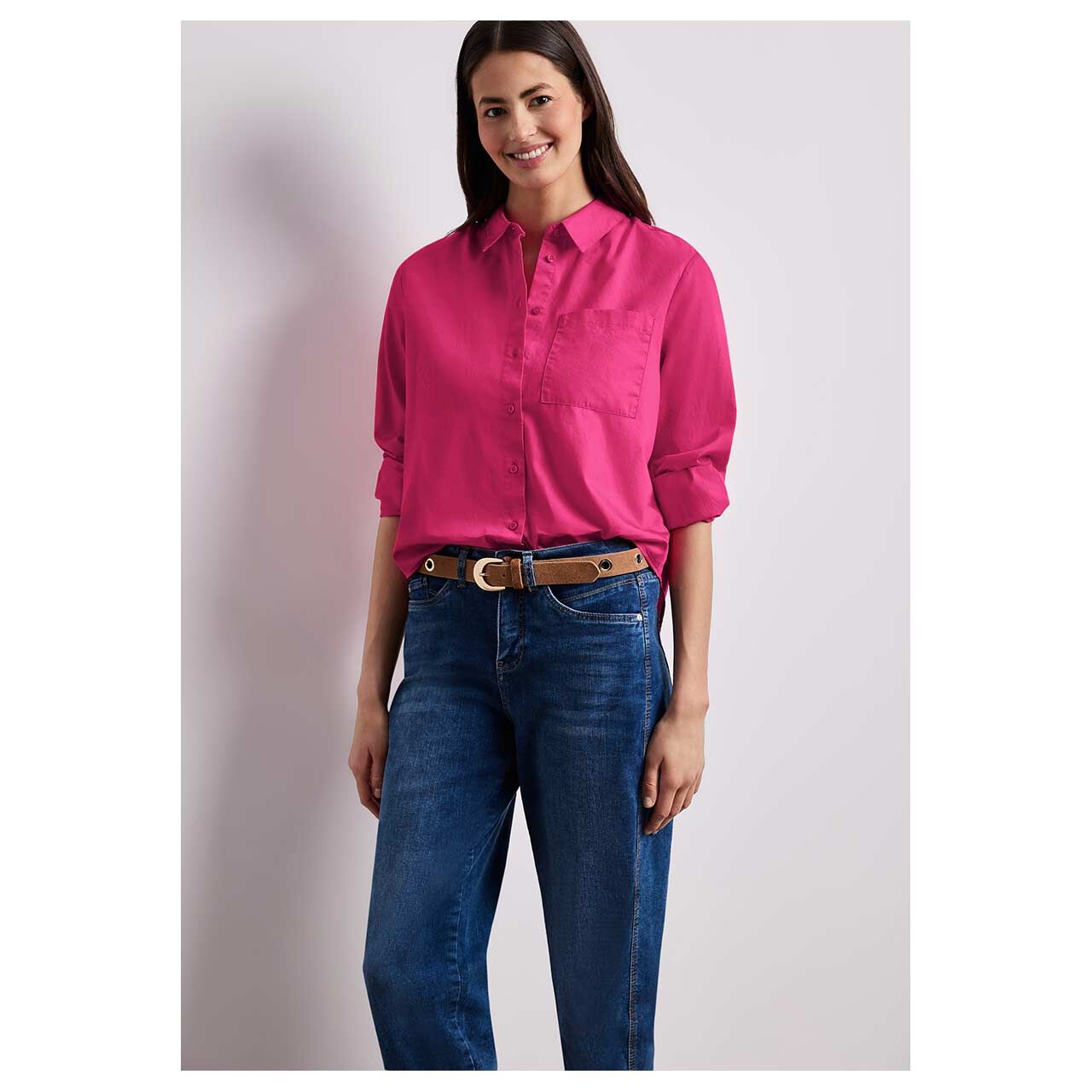 Damen Langarm Bluse Cotton Shirtcollar von Street One in Pink, Vorderansicht am Model