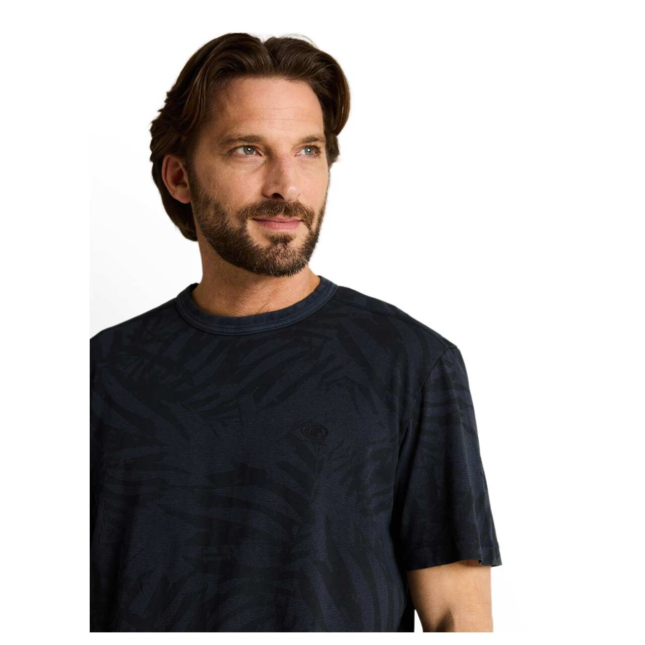 Herren T-Shirt von Tom Tailor in Dunkelblau mit Print, detaillierte Vorderansicht am Model