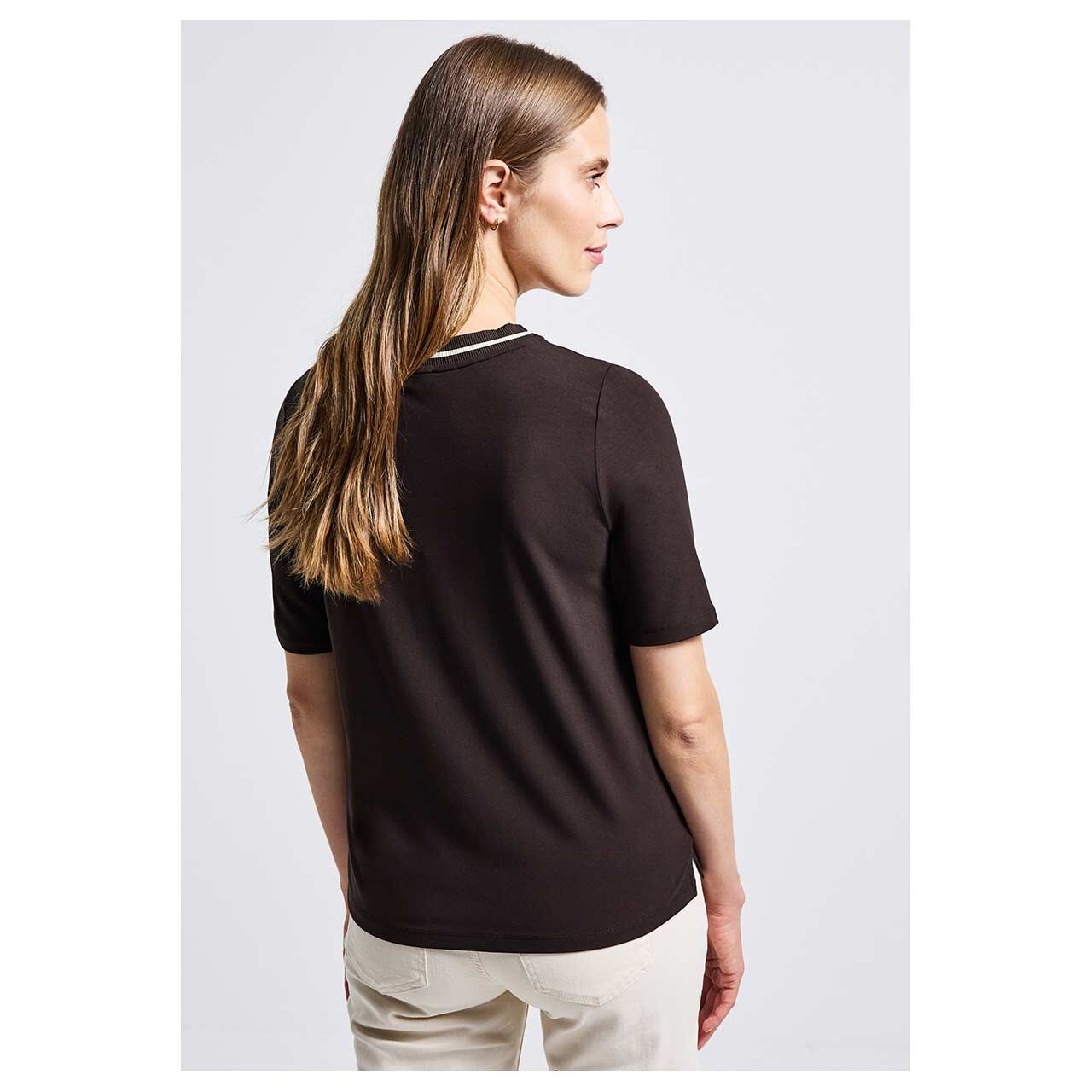 Damen T-Shirt Rib Collar von Street One in Dunkelbraun, Rückansicht