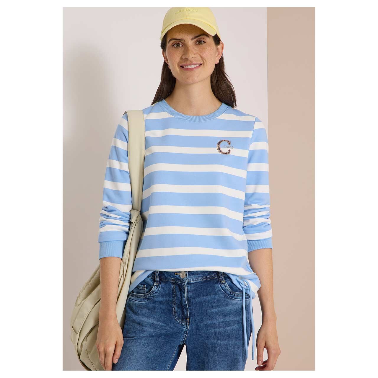 Damen Sweatshirt Striped Embroidery von Cecil in Hellblau gestreift, detaillierte Vorderansicht am Model