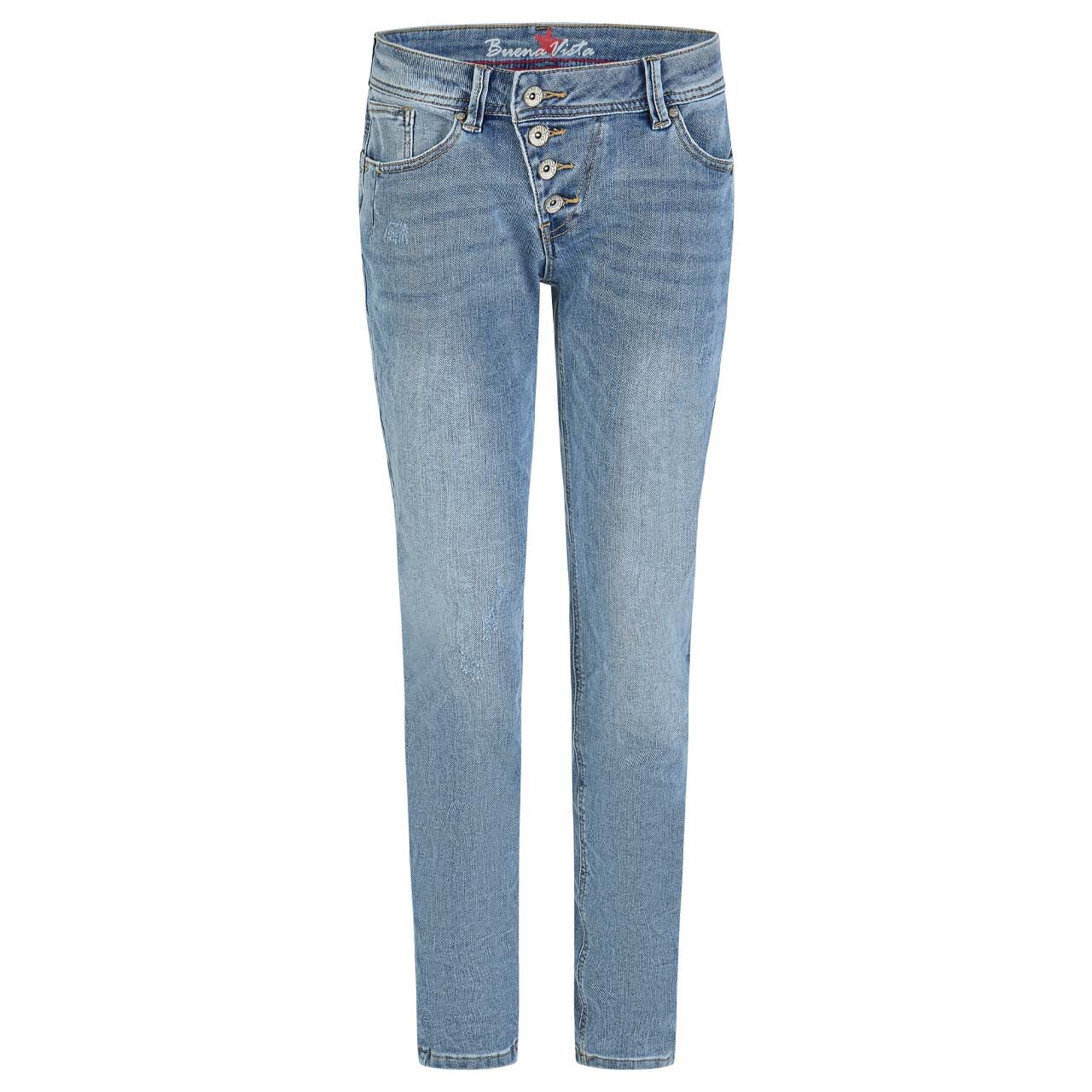 Damen Ankle Jeans Malibu Cropped Stretch Denim in Blau angewaschen mit Destroyed-Effekten, Vorderansicht