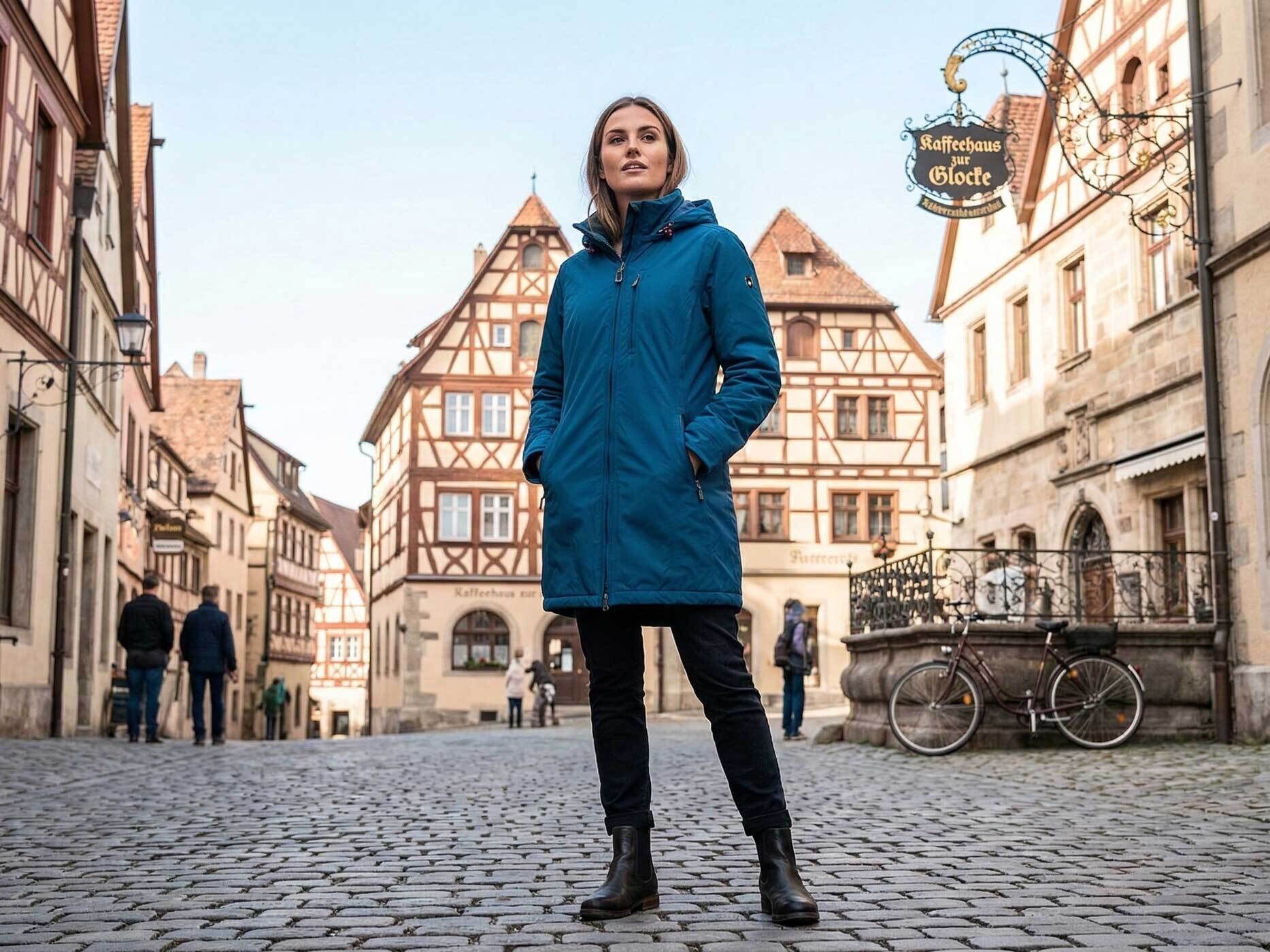 Frau trägt eine blaue Wellensteyn Stockholm Damenjacke auf einem Marktplatz