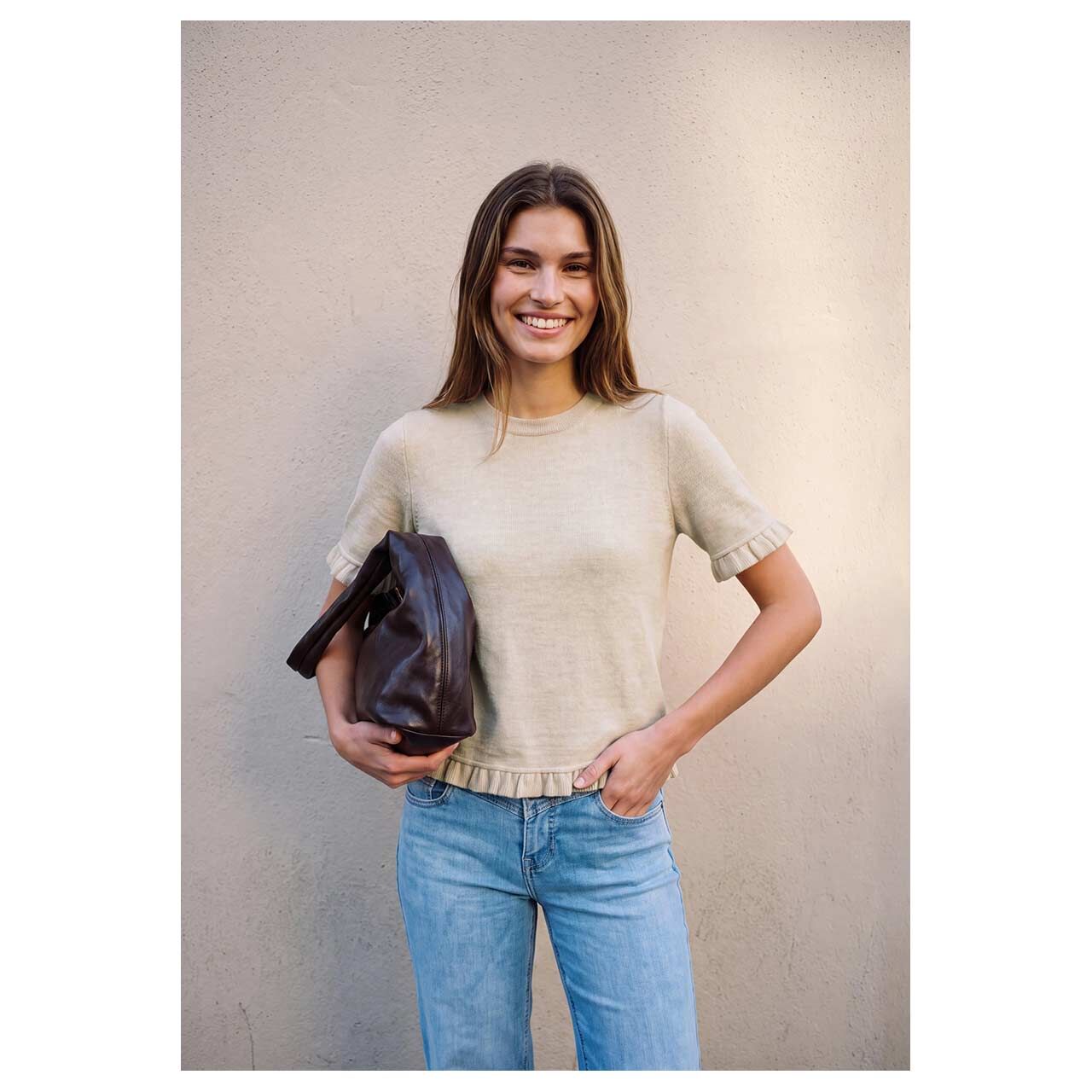 Damen Kurzarm Pullover Soft Basic von Street One Studio in Beige meliert, Detailansicht Model