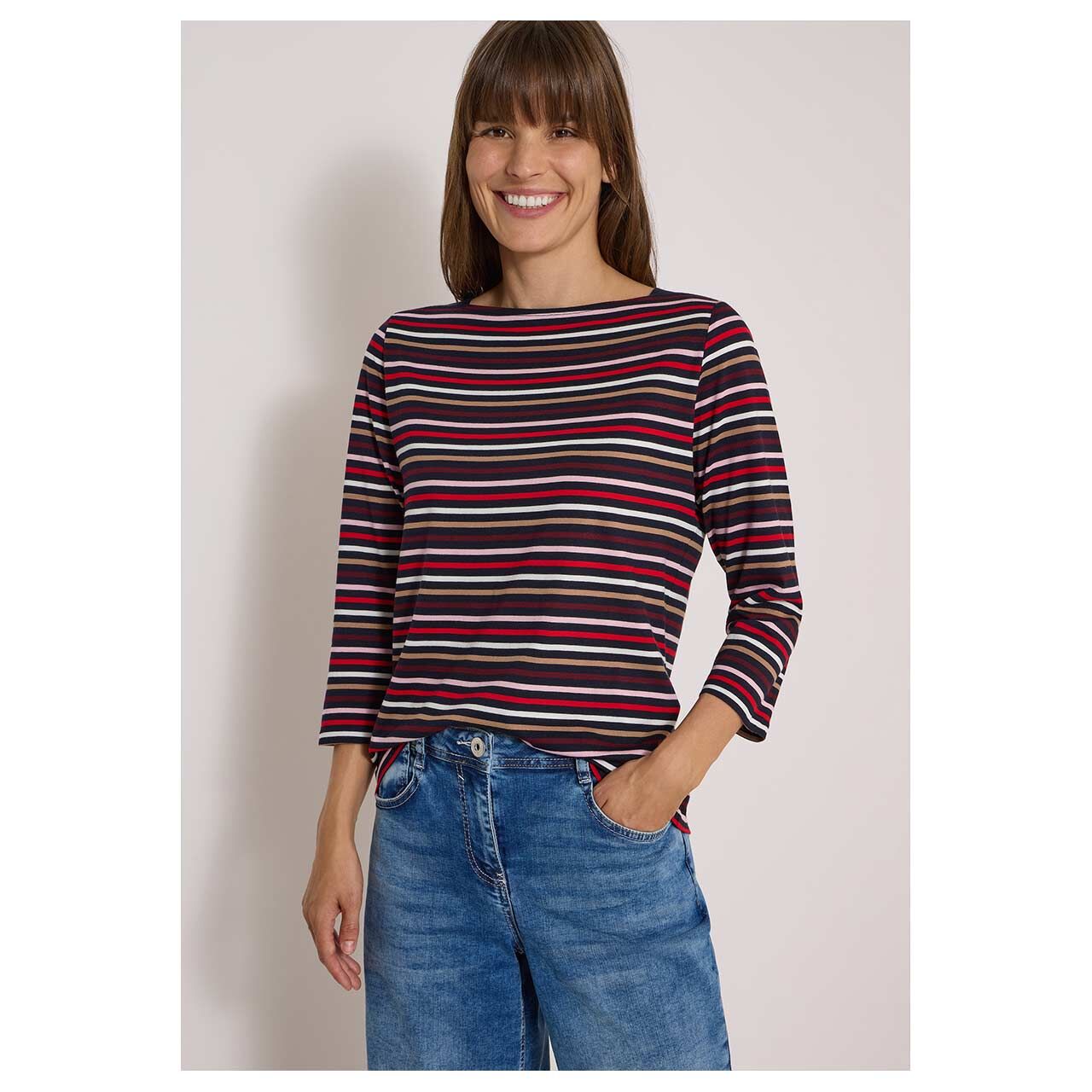 3/4 Arm Shirt Multi Striped Boatneck von Cecil in Dunkelblau gestreift, Vorderansicht am Model