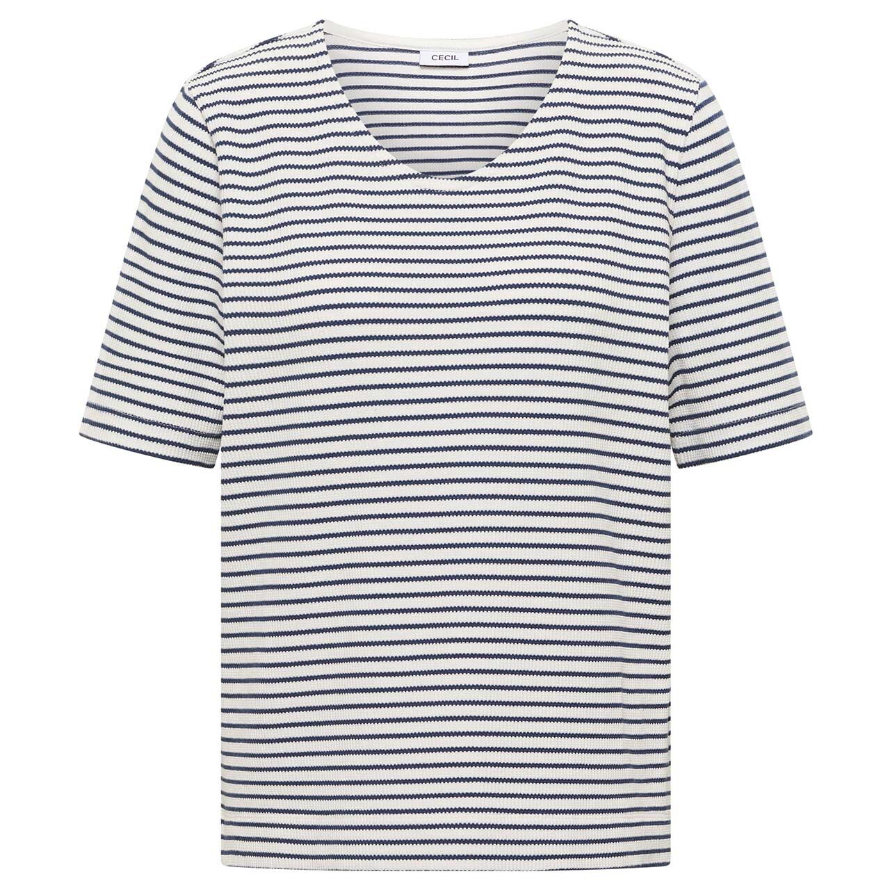 Cecil Damen T-Shirt Striped Waffle sporty denim blue