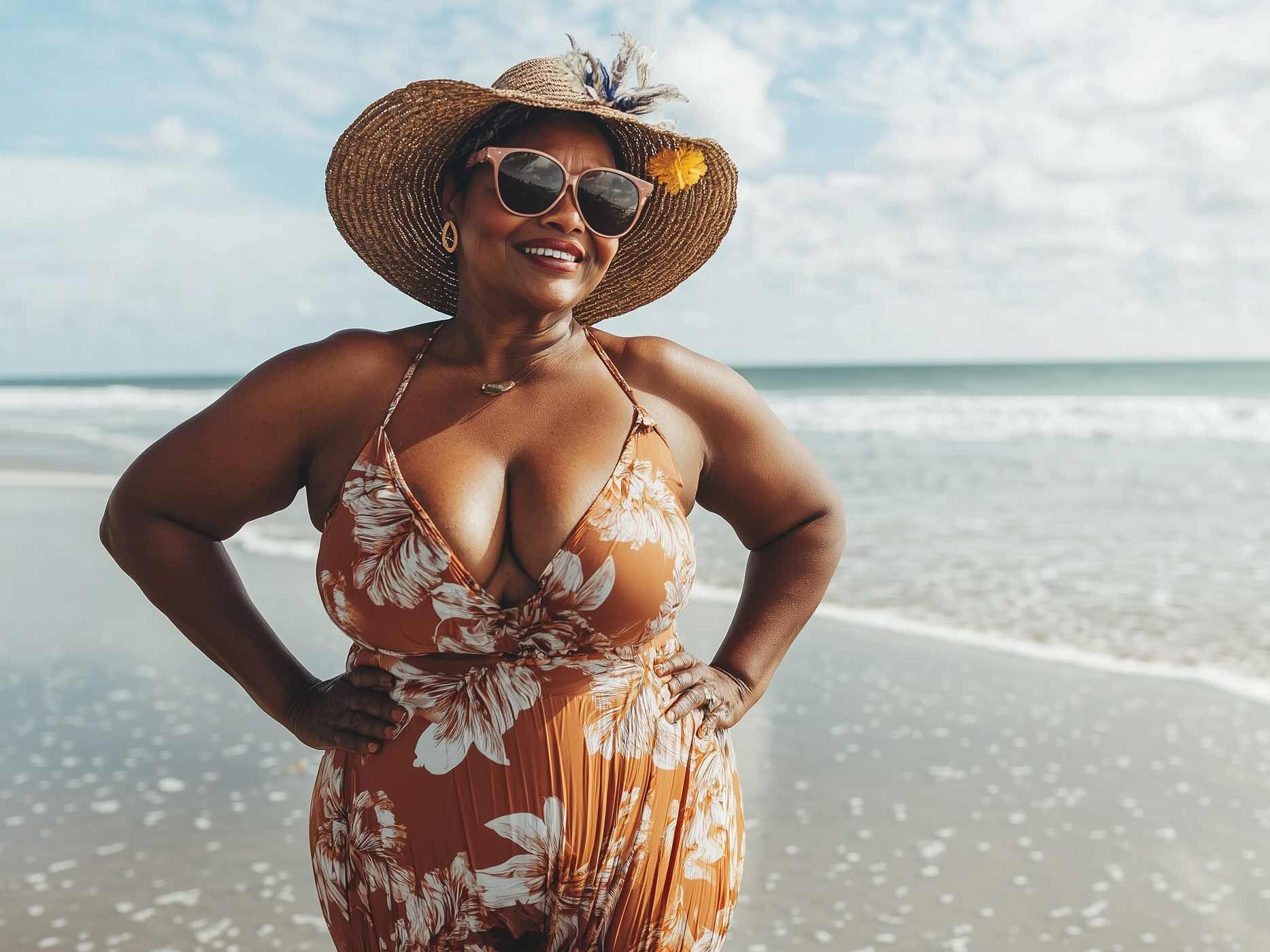 Frau mit Hut lächelnd am Strand