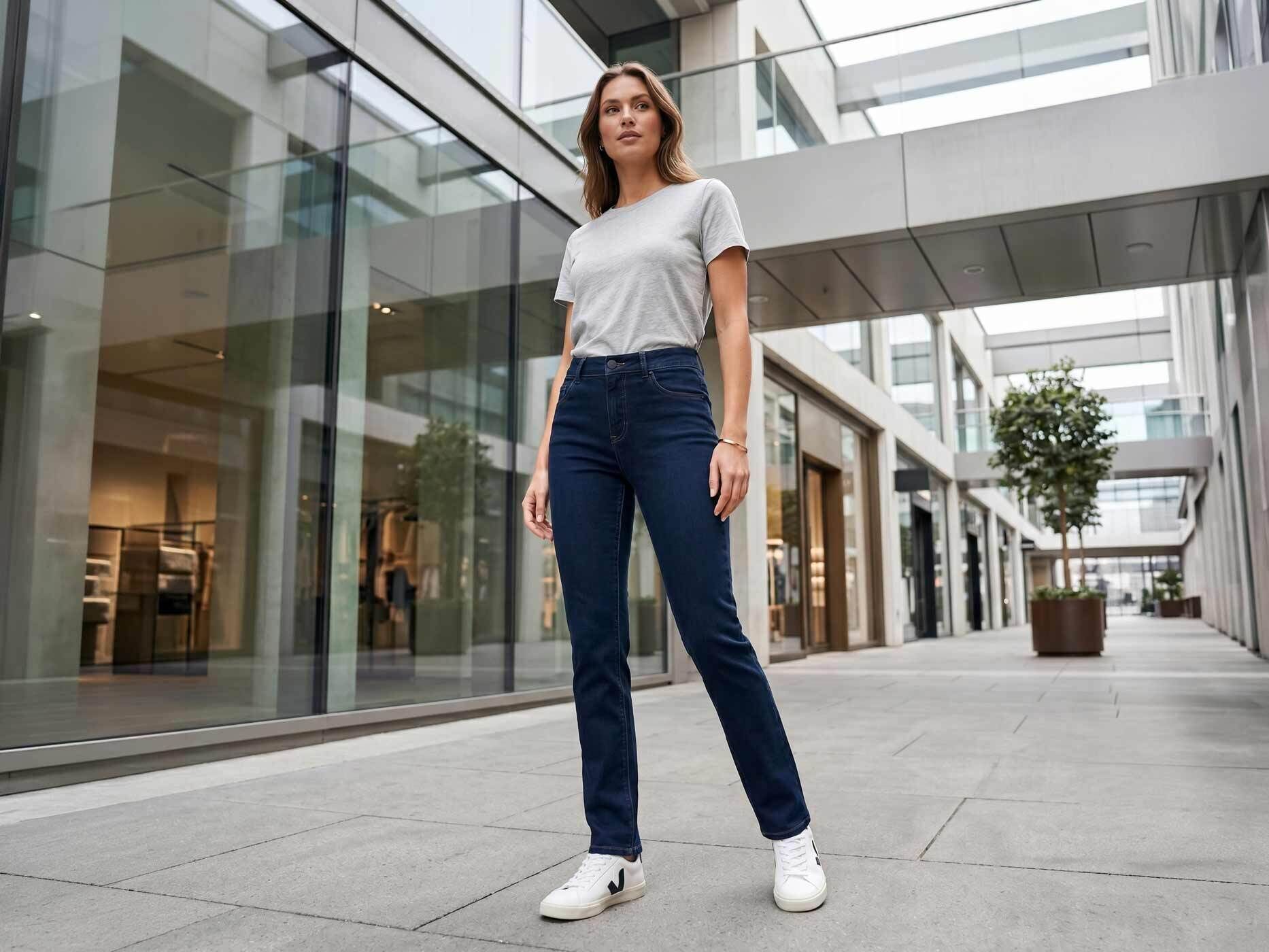 Eine Frau trägt eine blaue Jeans mit einem grauen T-Shirt und weißen Schuhen. Sie hat blond-braune Haare und steht in einem modernen Gebäude.