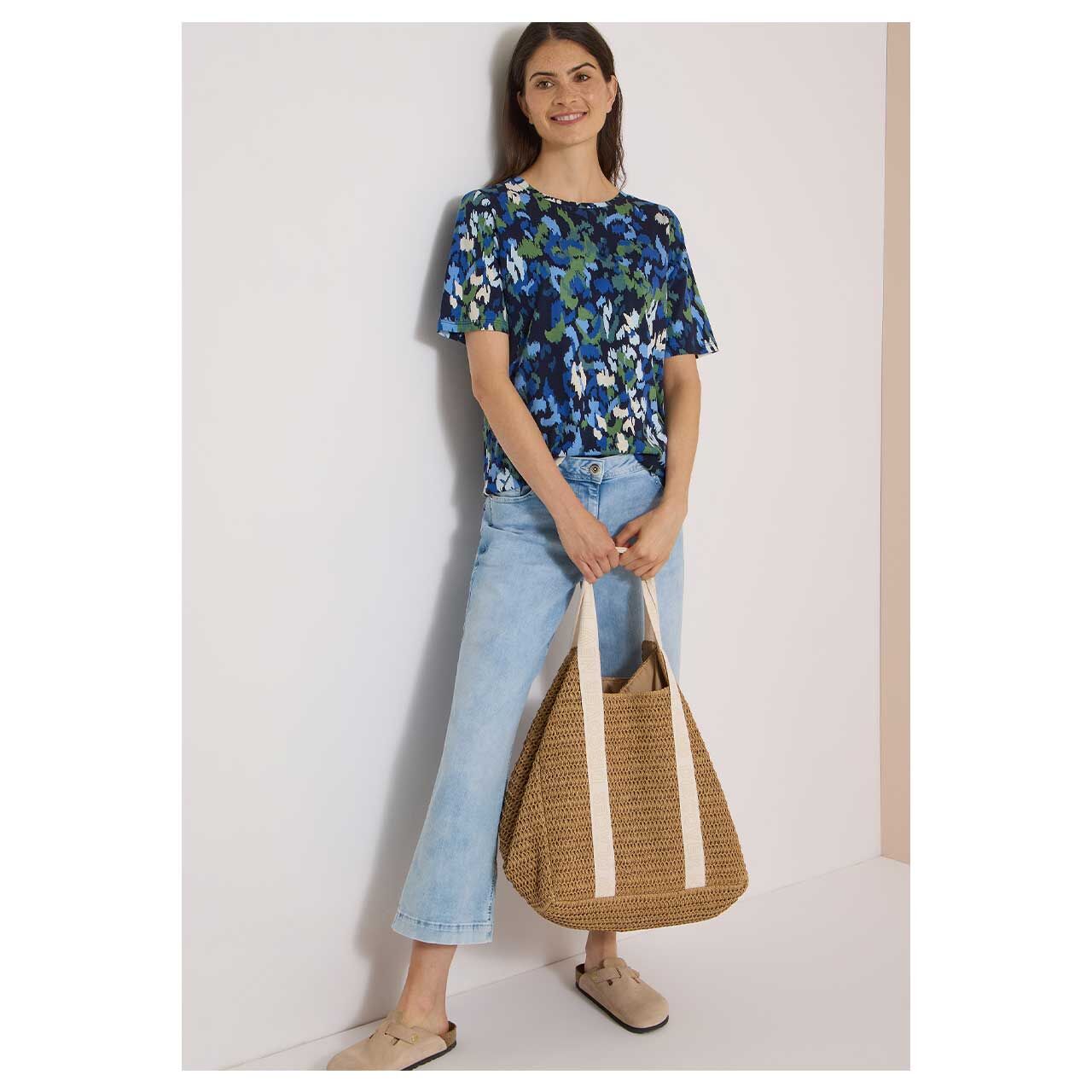 Damen T-Shirt Multi von Cecil in Dunkelblau mit Print, Ganzkörperansicht am Model