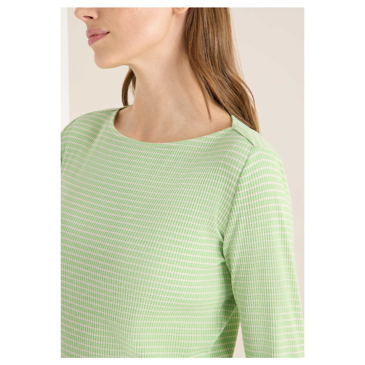 Damen Langarm Shirt Stripe Rib Boatneck von Cecil in Hellgrün gestreift, Vorderansicht am Model