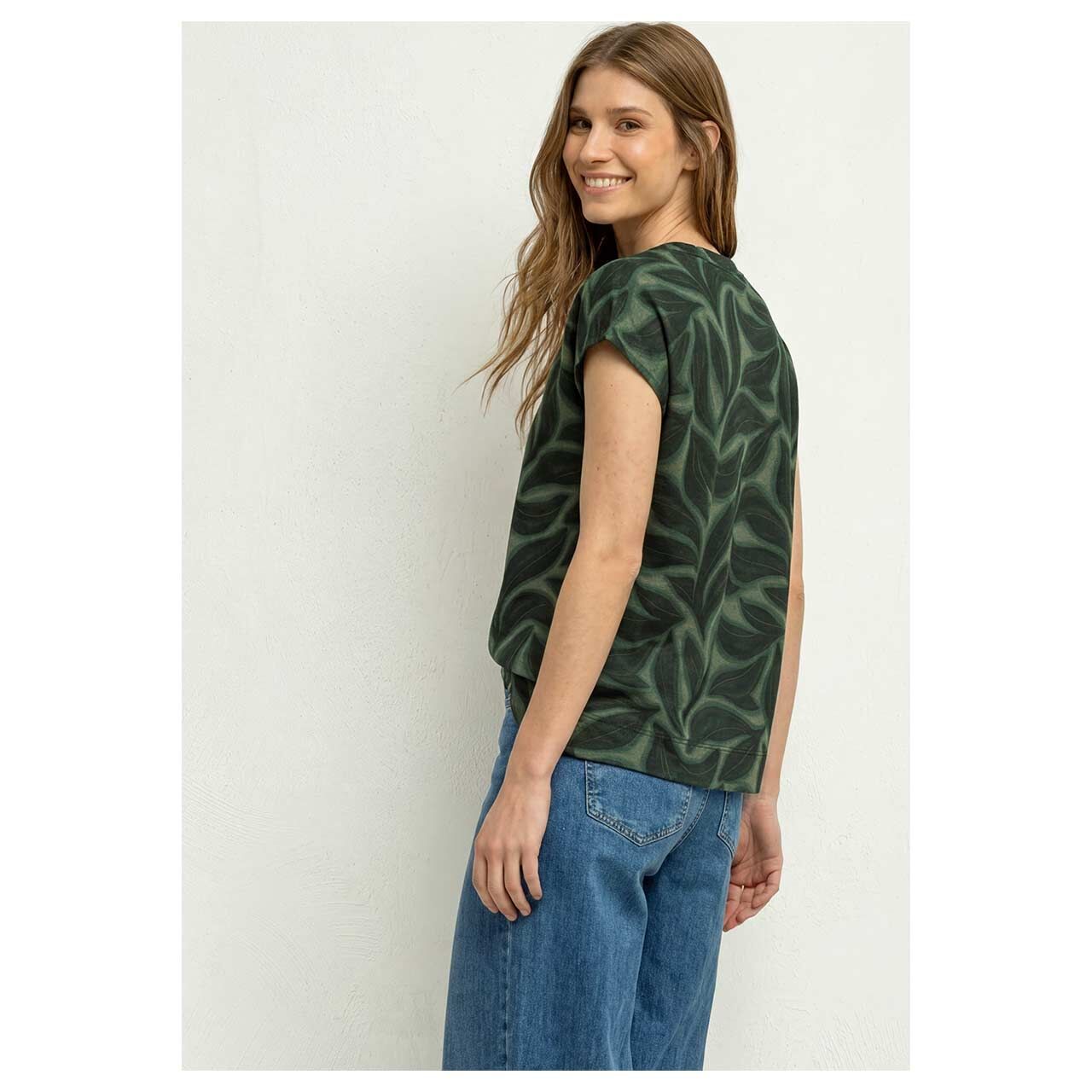 Damen T-Shirt Printed Buttons von Street One in Dunkelgrün mit Print, seitliche Rückansicht am Model