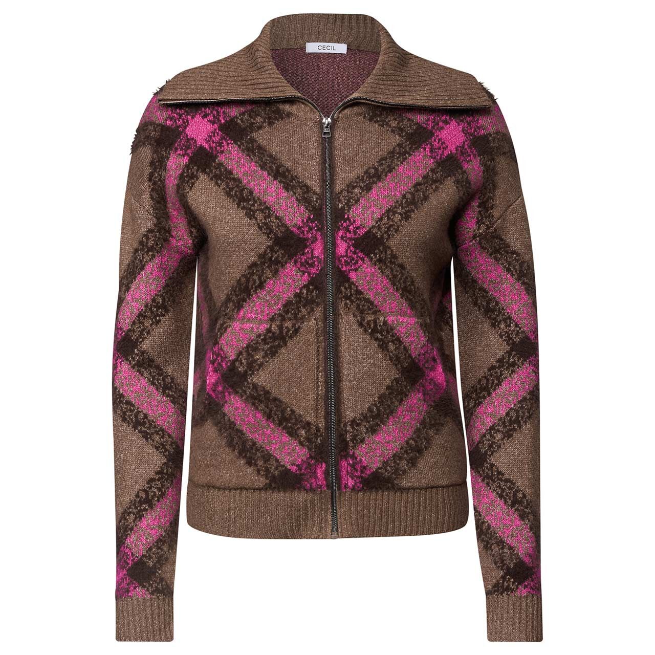 Cecil Damen Strickjacke Cosy Featheryarn Cardigan brown pink flash checked