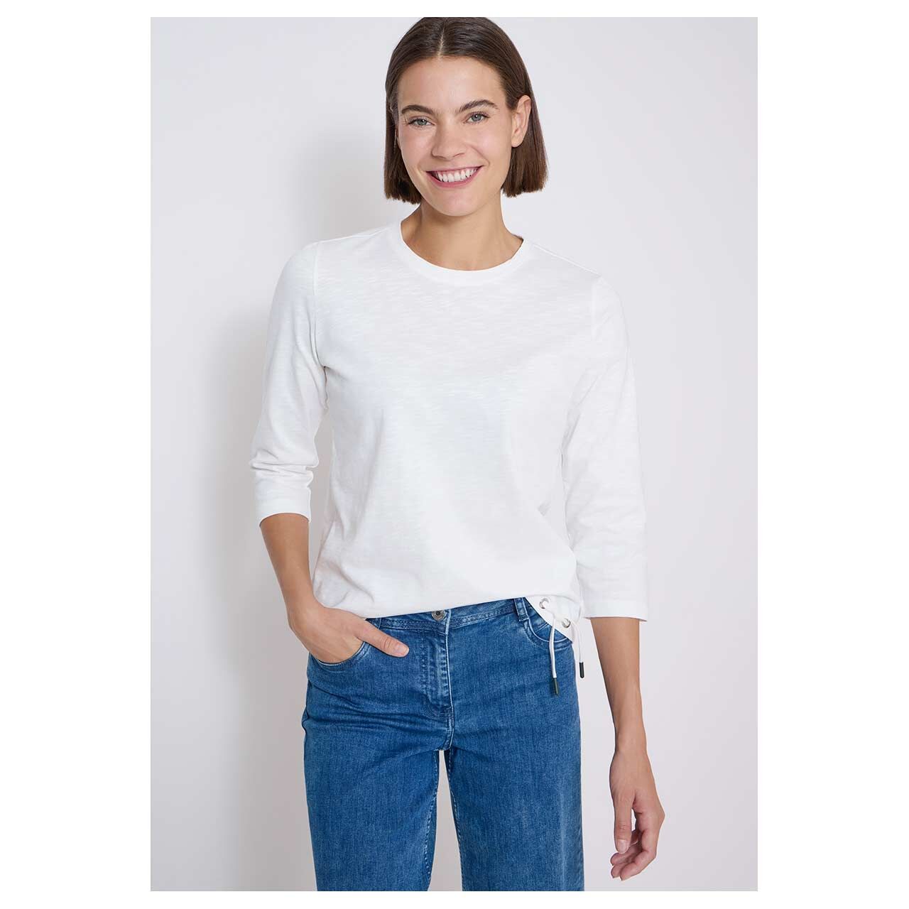 Damen 3/4 Arm Shirt Soft Slubyarn von Cecil in Cremeweiß meliert, Vorderansicht am Model