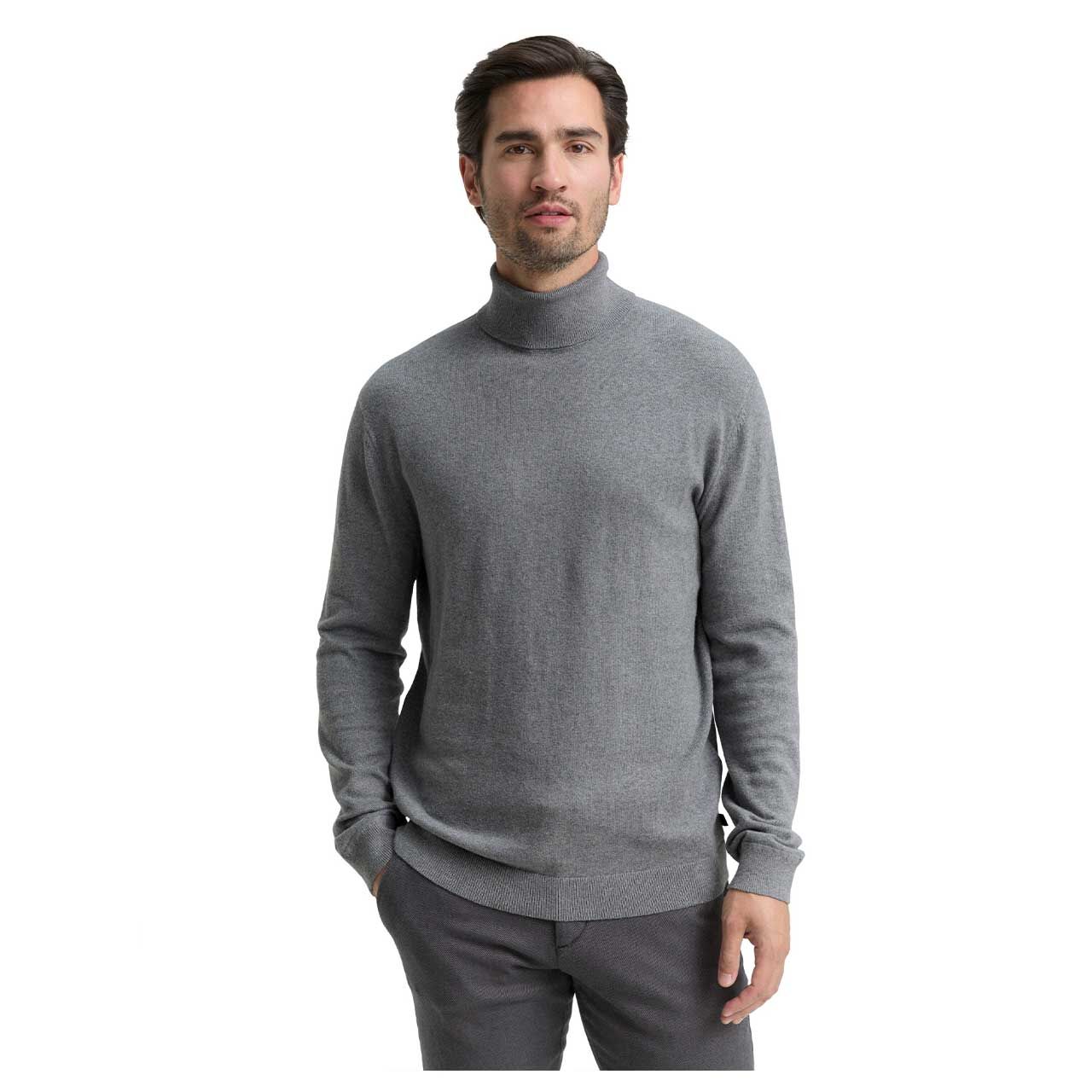 Herren Pullover Cashmere Turtleneck Knit von Tom Tailor in Grau meliert, Vorderansicht am Model