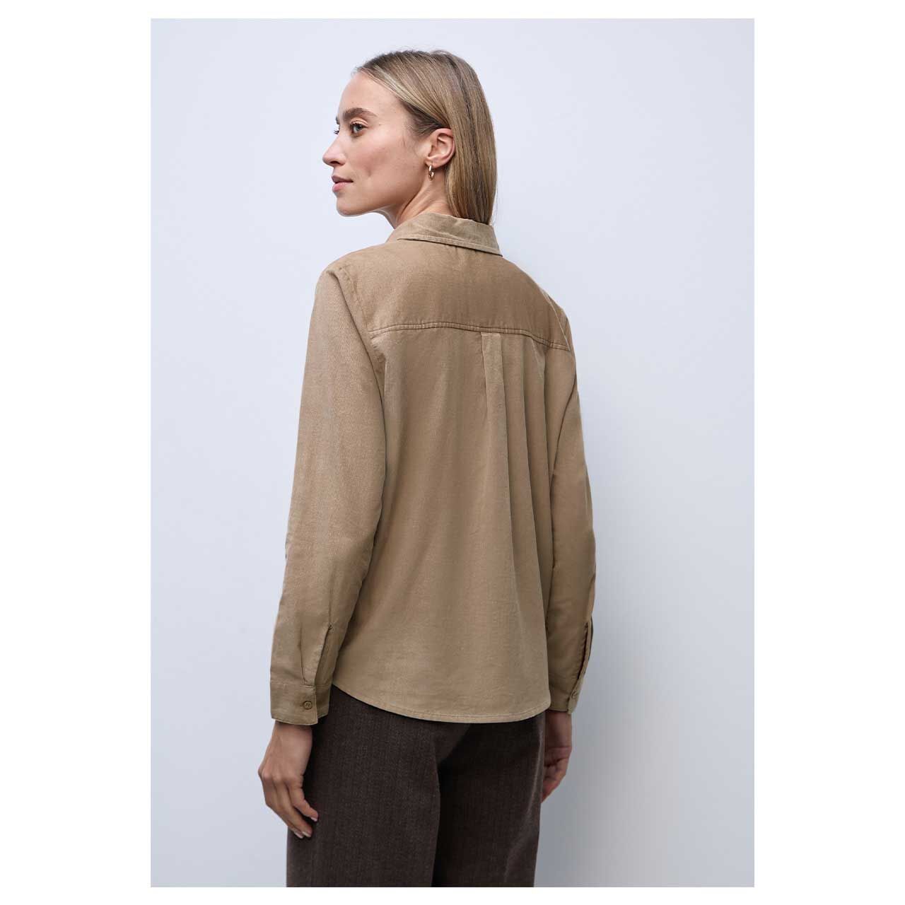 Damen Langarm Cord Bluse Corduroy Blousee von Street One in Beige mit Print, Rückansicht am Model
