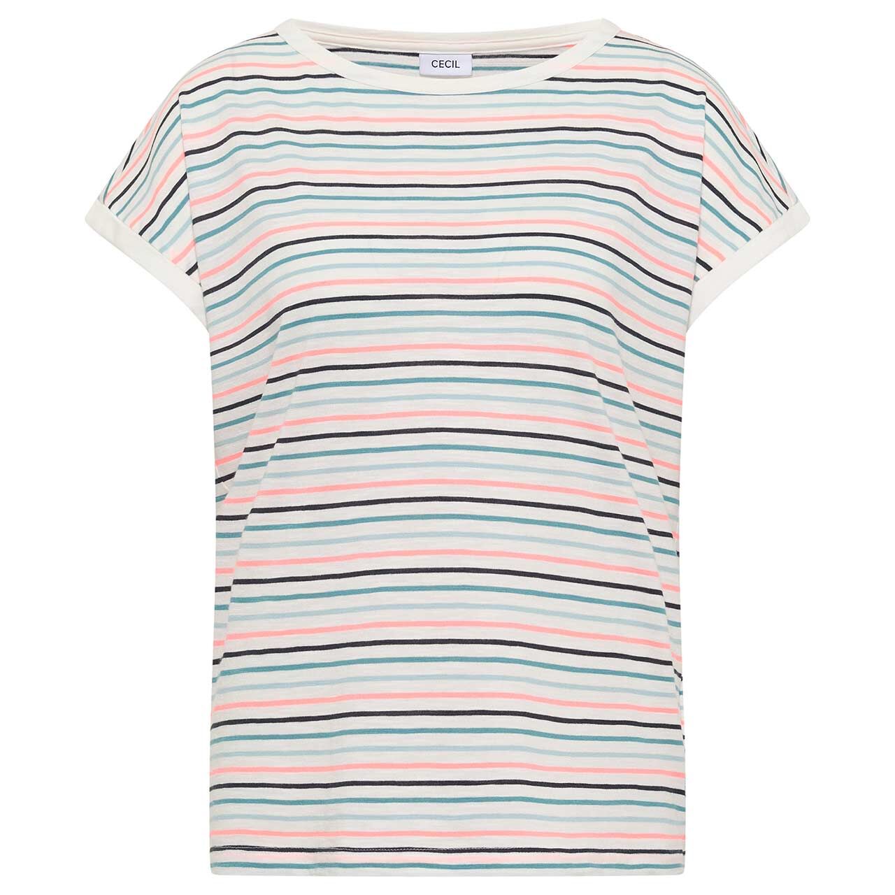 Damen T-Shirt Multi Striped Turn-Up von Cecil in Cremeweiß gestreift mit der Farbnummer 33474, Vorderansicht