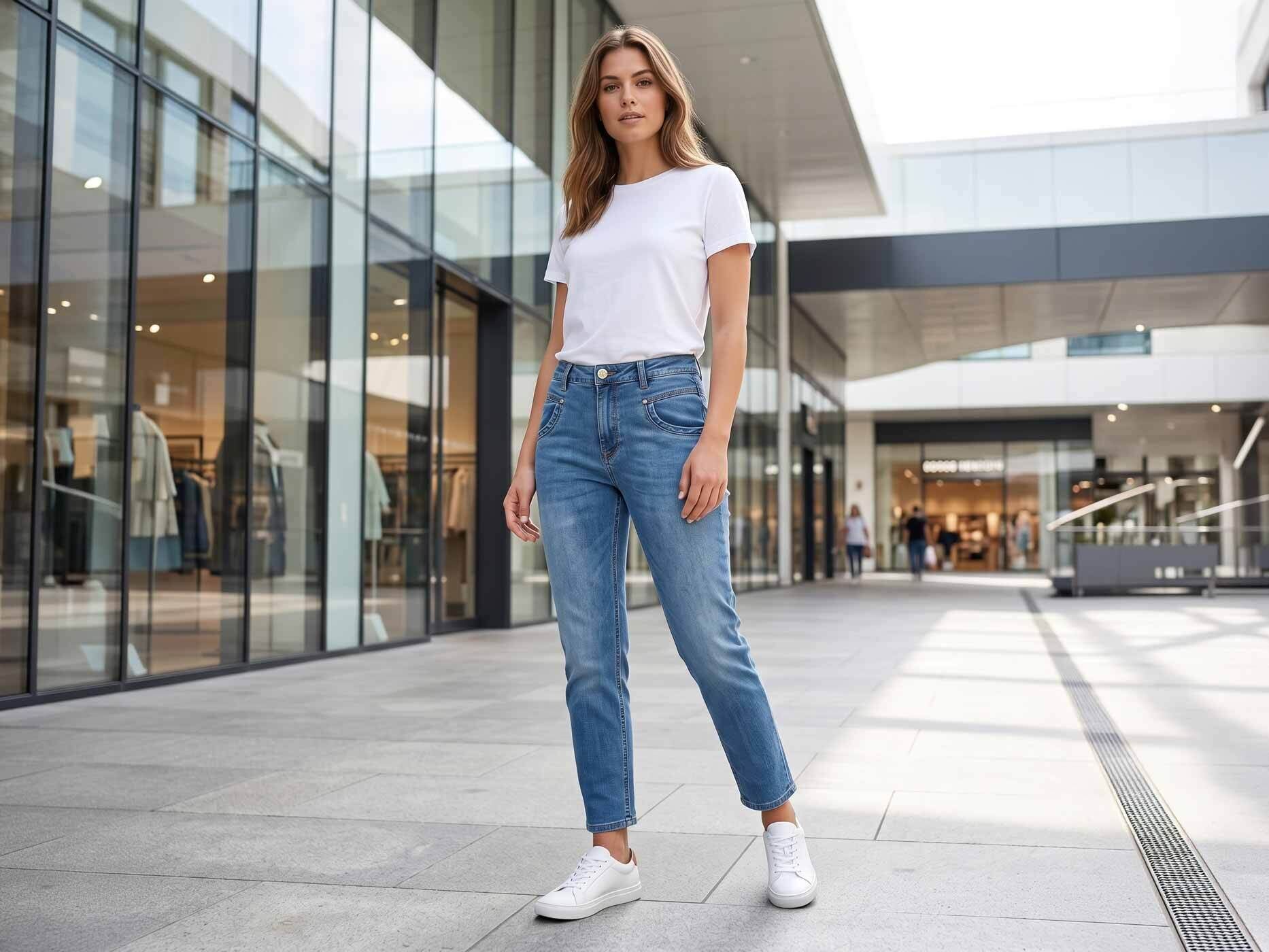 Eine junge Frau steht vor einem modernen Gebäude. Sie trägt ein weißes T-Shirt mit einer blauen Jeans.