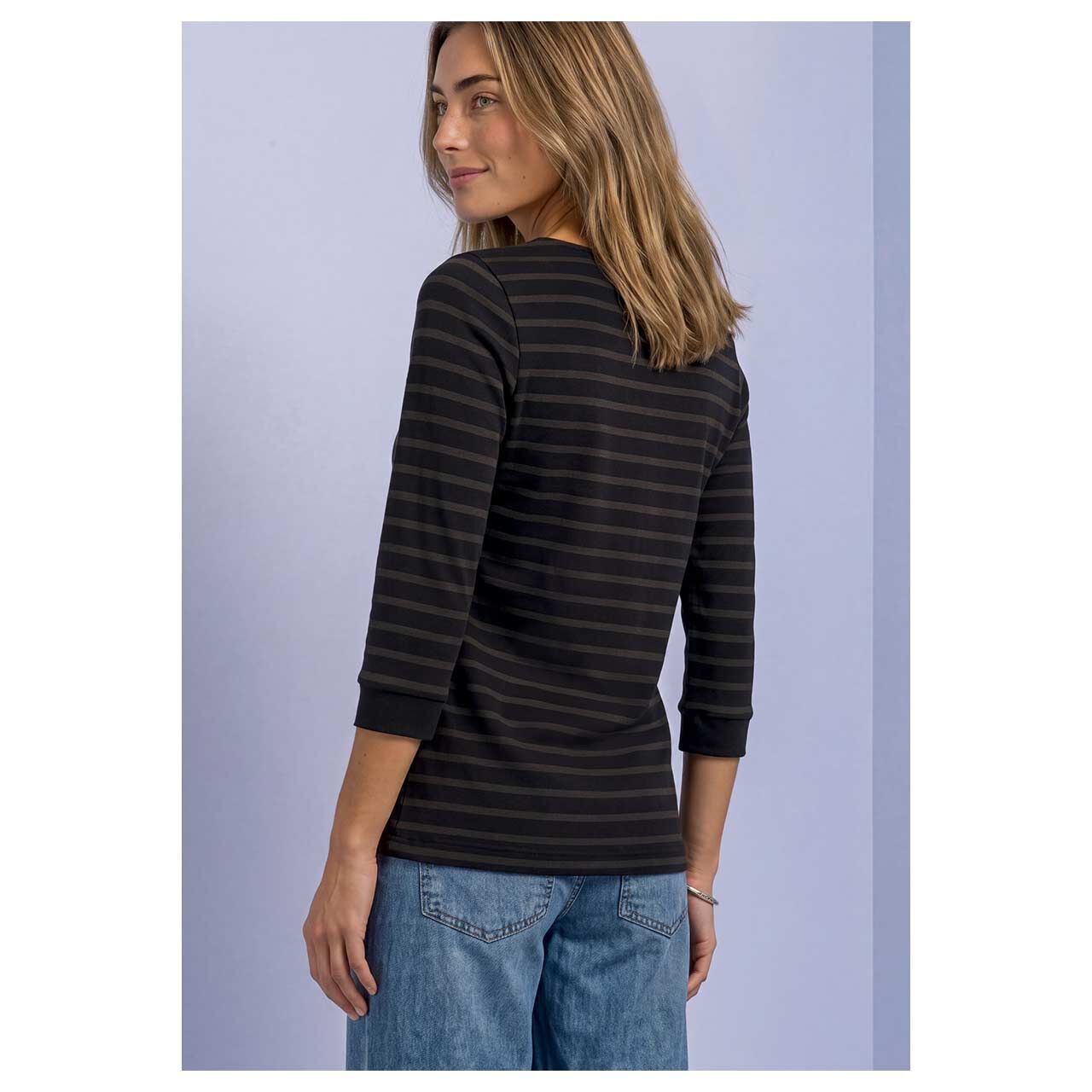 Damen 3/4 Arm Shirt Basic U-Boat von Street One in Dunkelblau gestreift, Rückansicht am Model