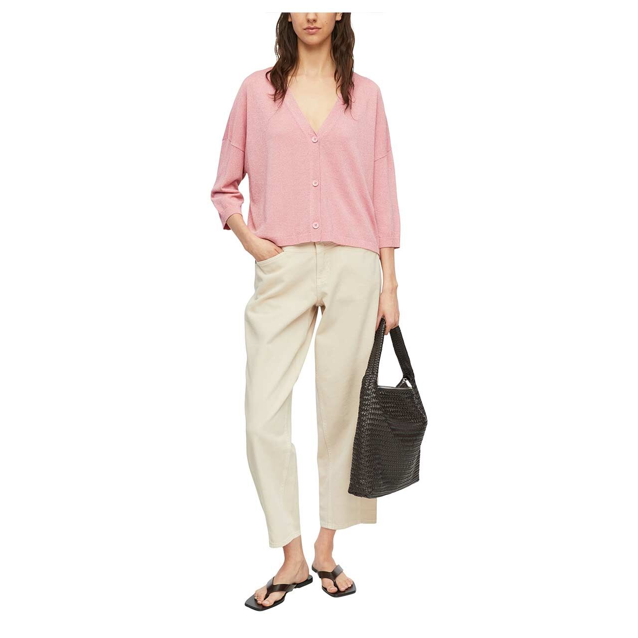 Damen 3/4 Arm Strickjacke Cardigan von Comma in Rosa, Ganzkörperansicht am Model