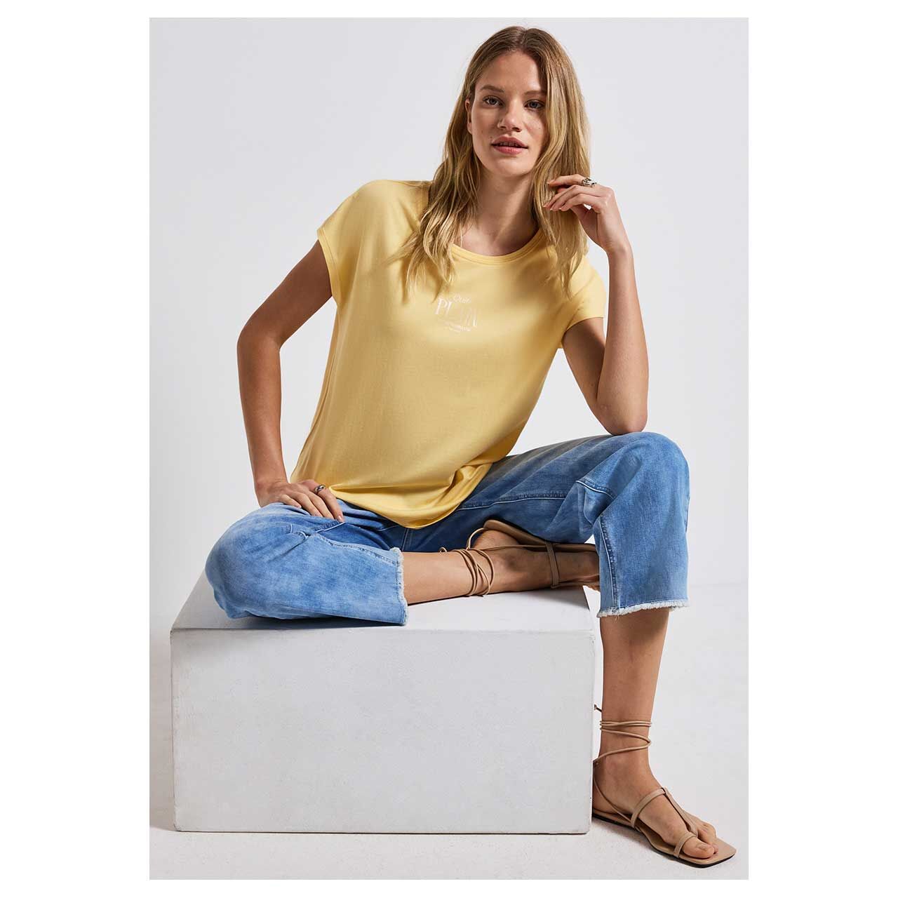 Damen T-Shirt Basic Partprint von Street One in Gelb, detallierte Ansicht am Oberkörper