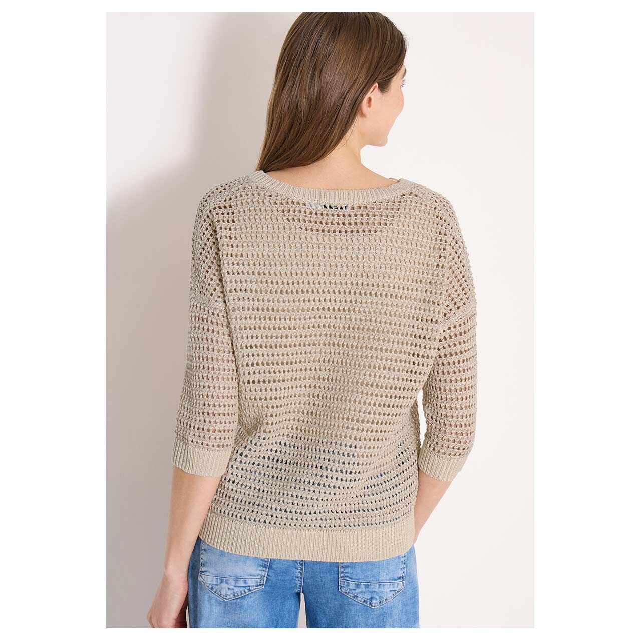 Damen Kurzarm Pullover Structured Fancy Yarn Mix von Cecil in Beige meliert, Rückansicht am Model