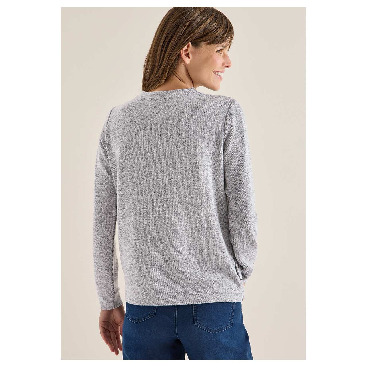 Damen Pullover Rib Button von Cecil in Dunkelblau meliert, Rückansicht am Model