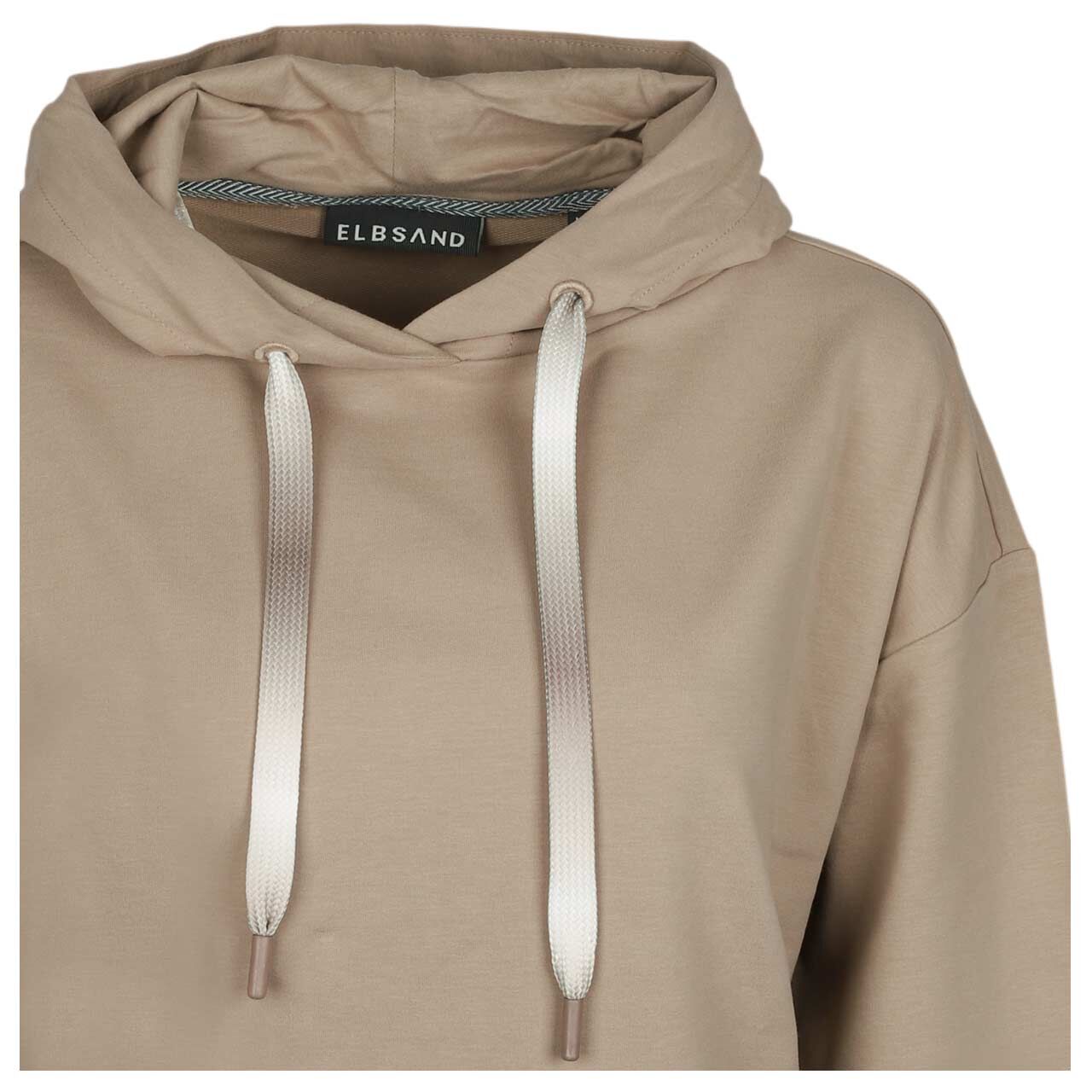 Damen Hoodie Sweatshirt Ela von Elbsand in Hellbraun mit Print, detaillierte Vorderansicht