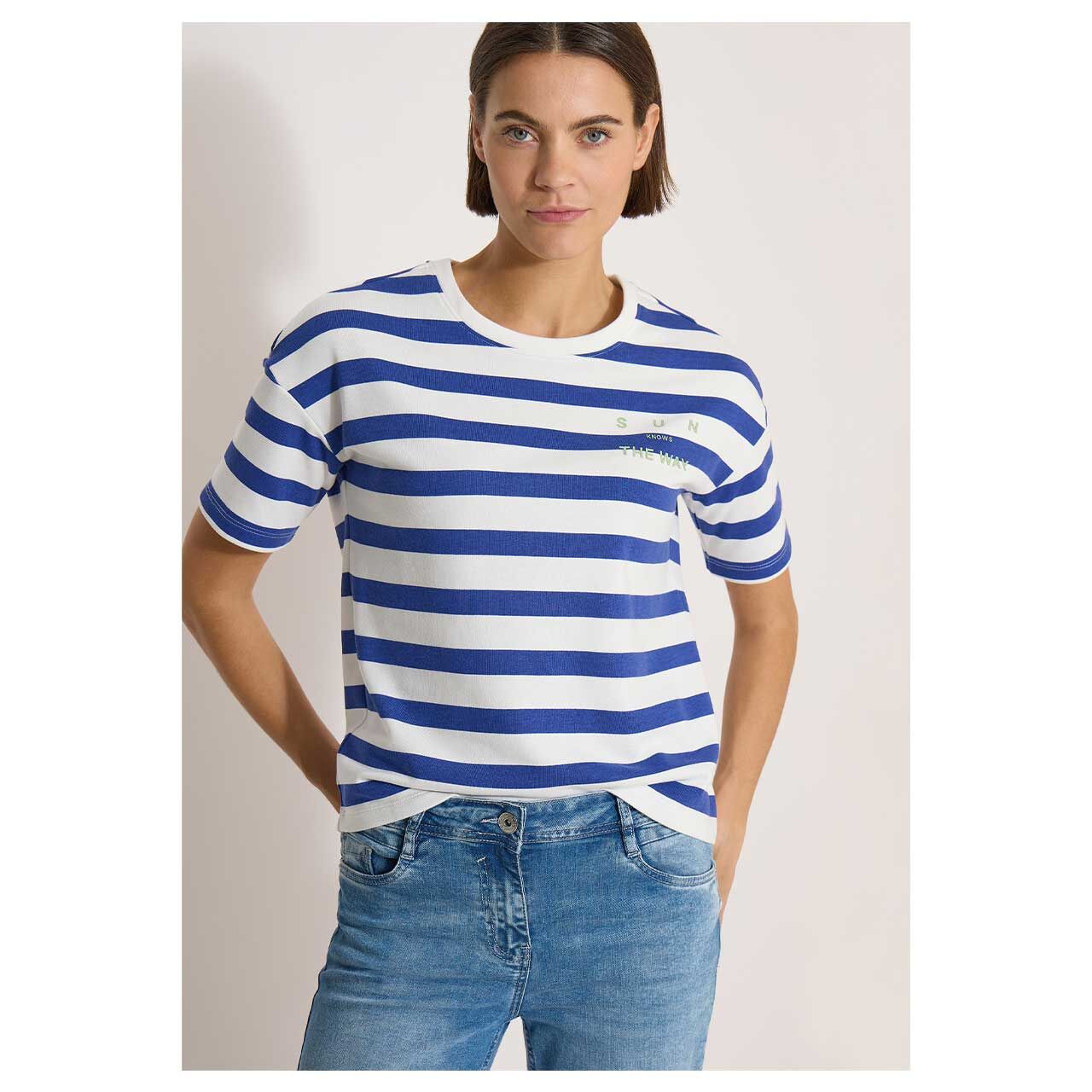 Damen T-Shirt Striped Chest Print von Cecil in Blau gestreift, Vorderansicht am Model