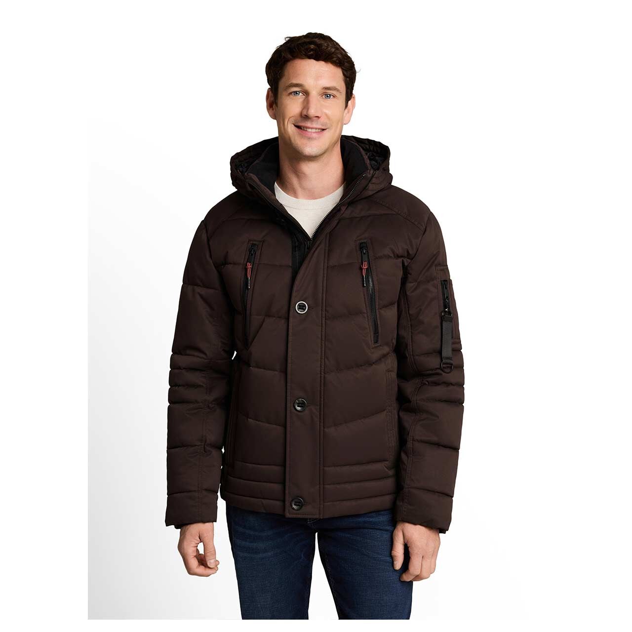 Herren Jacke Hooded Quilted Puffer Jacket von Tom Tailor in Dunkelbraun, Vorderansicht am Model