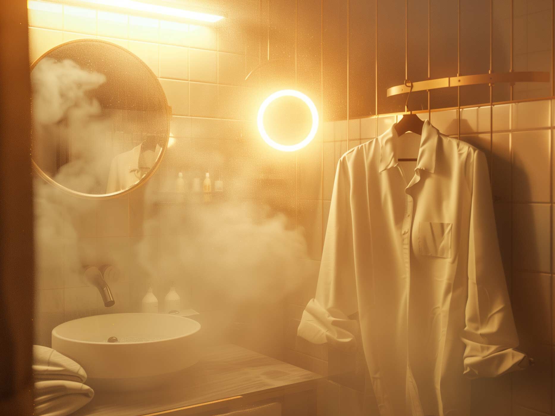 Ein weißes Hemd hängt auf einem Bügel in einem Badezimmer neben einer Dusche, der Raum ist mit Wasserdampf gefüllt.