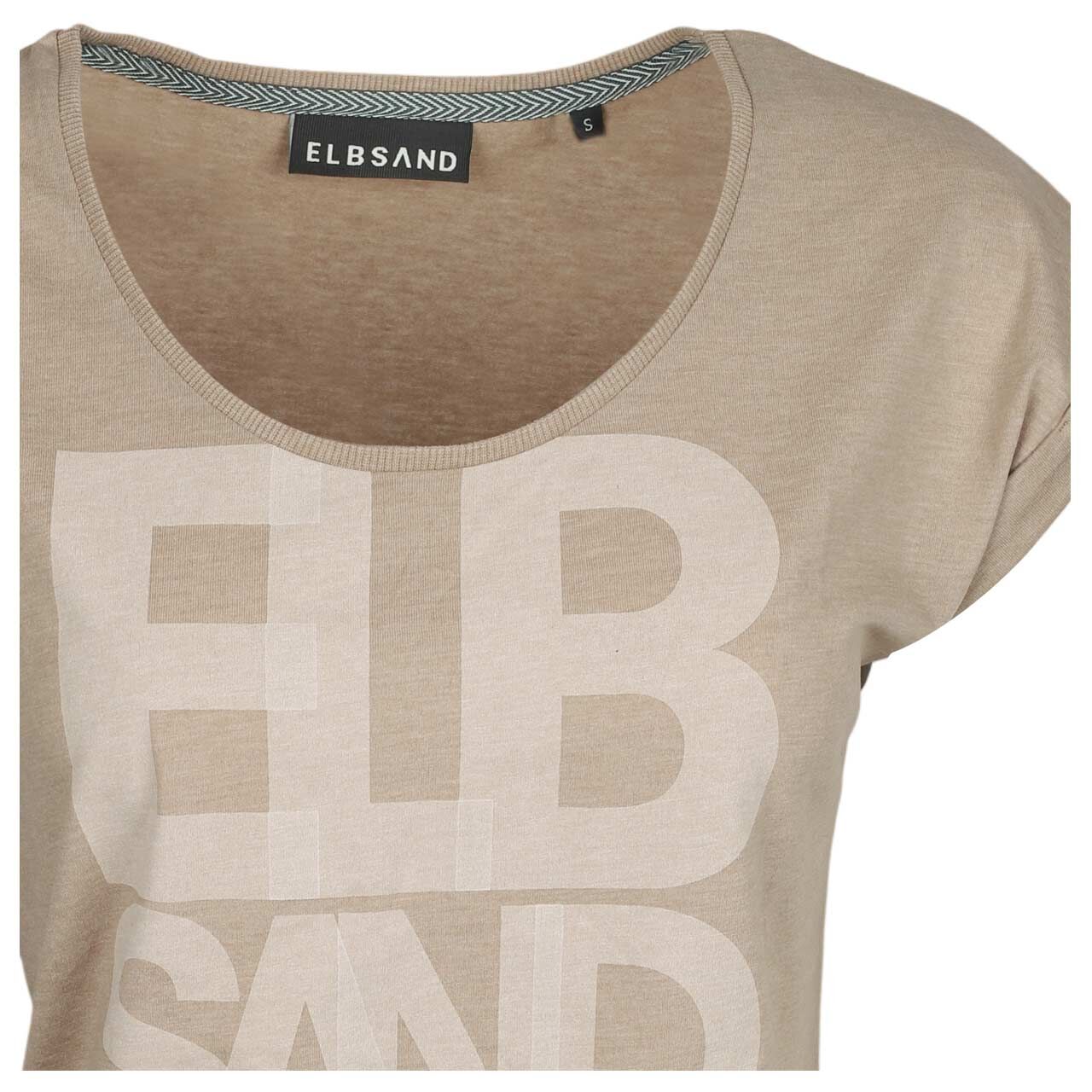 Damen T-Shirt Eldis von Elbsand in Hellbraun meliert mit Print, detaillierte Vorderansicht