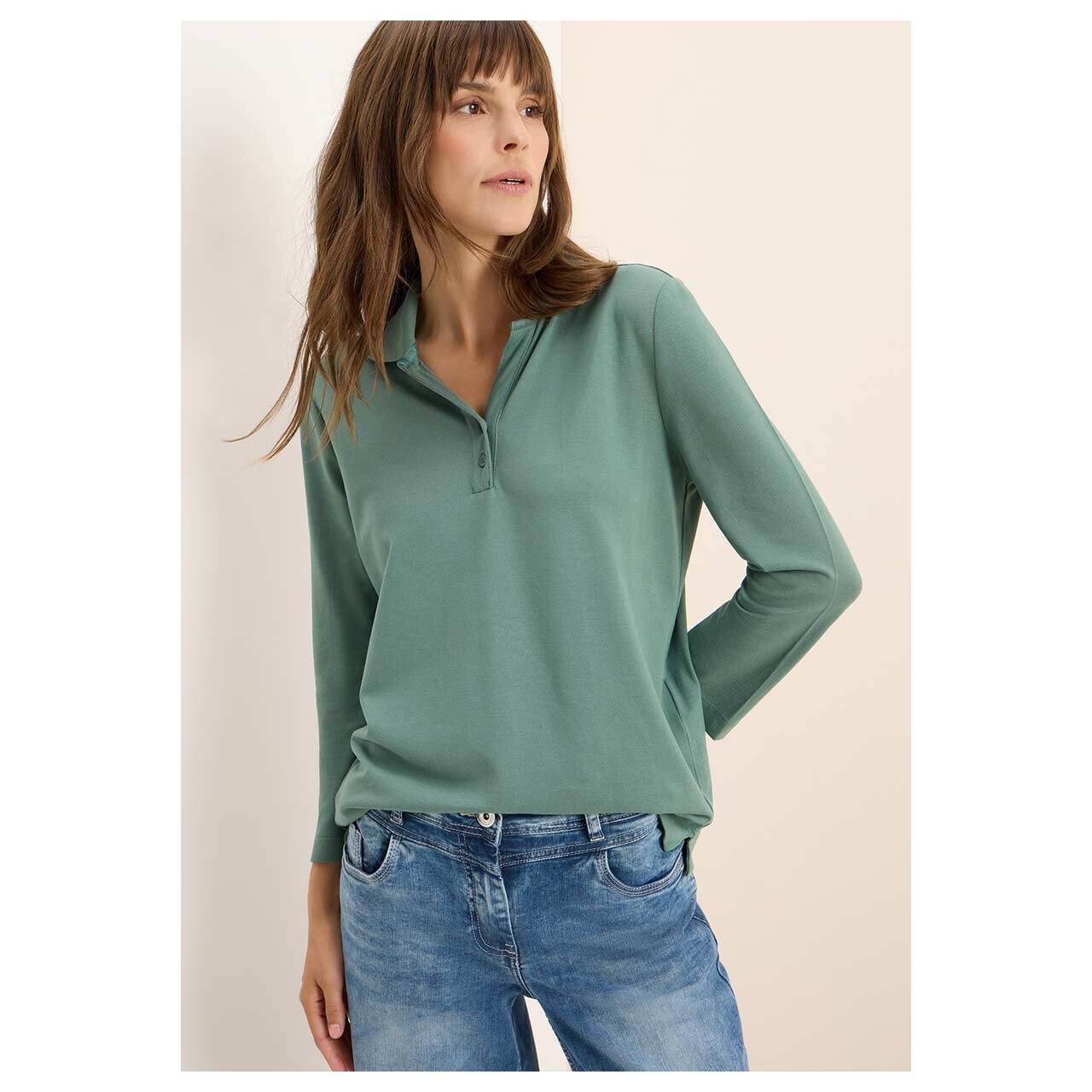 Damen 3/4 Arm Poloshirt Solid with buttons von Cecil in Grün, Vorderansicht am Model