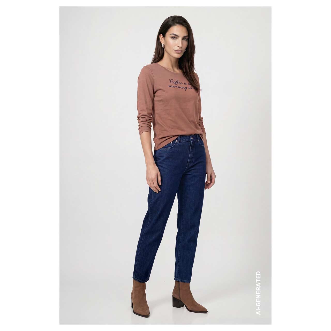Damen Langarm Shirt von Monari in Braun mit Print, Ganzkörperansicht am Model