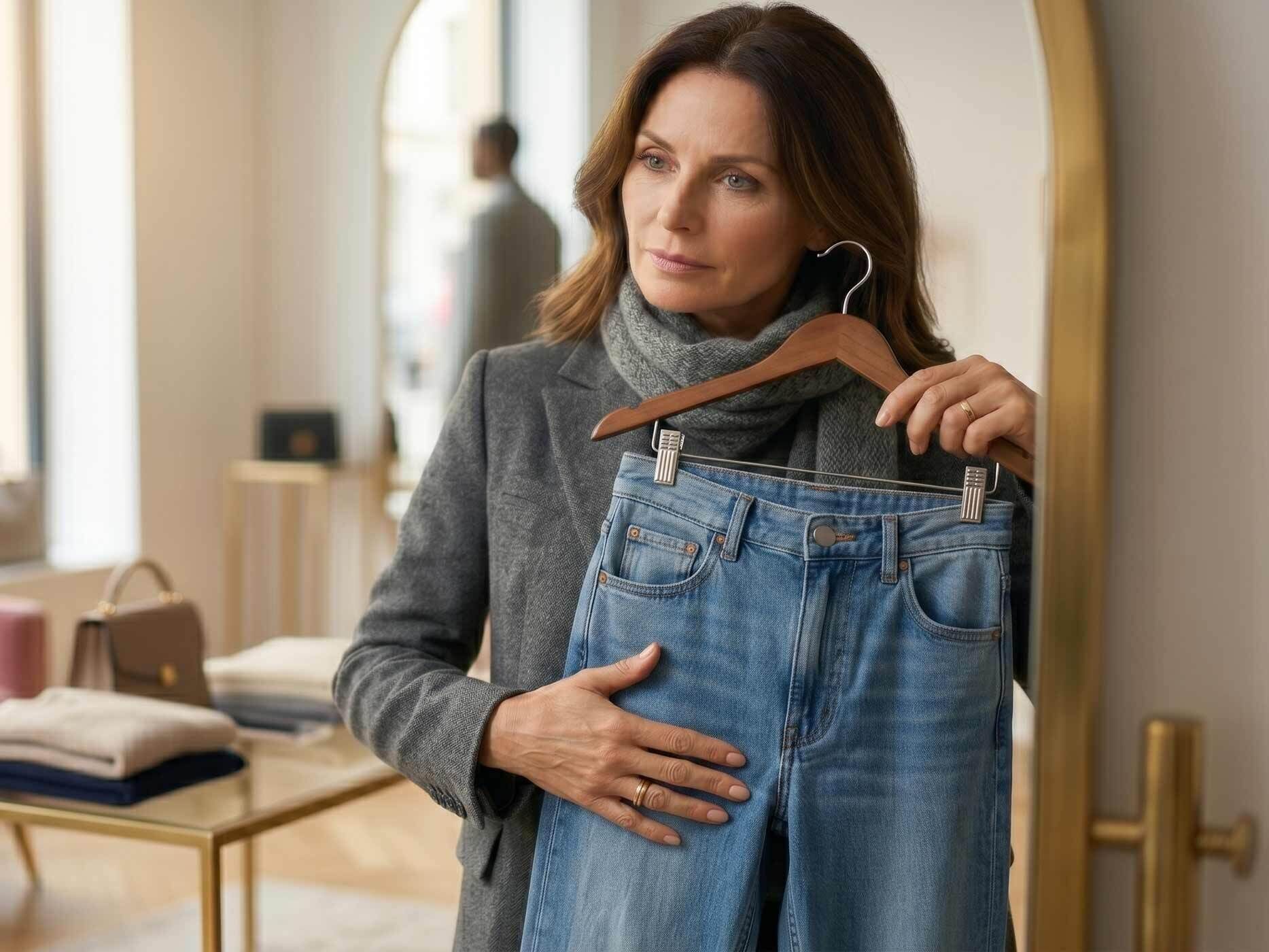 Frau mit braunen Haaren tr&auml;gt eine grau Jacke und einen grauen Schal. Sie h&auml;lt einen Kleiderb&uuml;gel mit einer blauen Jeans in der Hand.