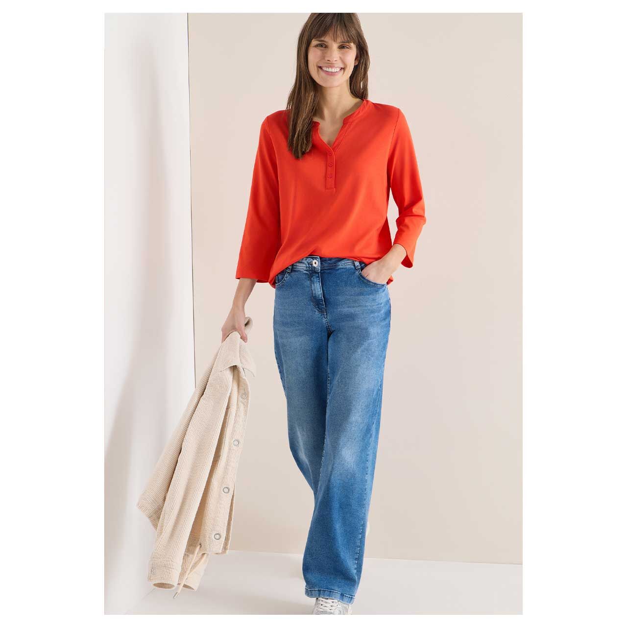 Damen 3/4 Arm Shirt Solid Button Tunic von Cecil in Orange-Rot, Ganzkörperansicht am Model