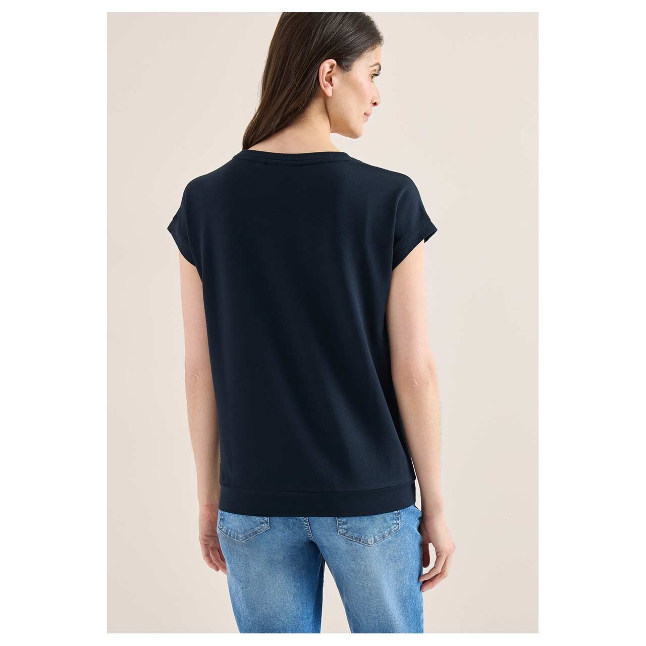 Damen T-Shirt Multi Fleur von Cecil in Dunkelblau mit Print, Rückansicht am Model